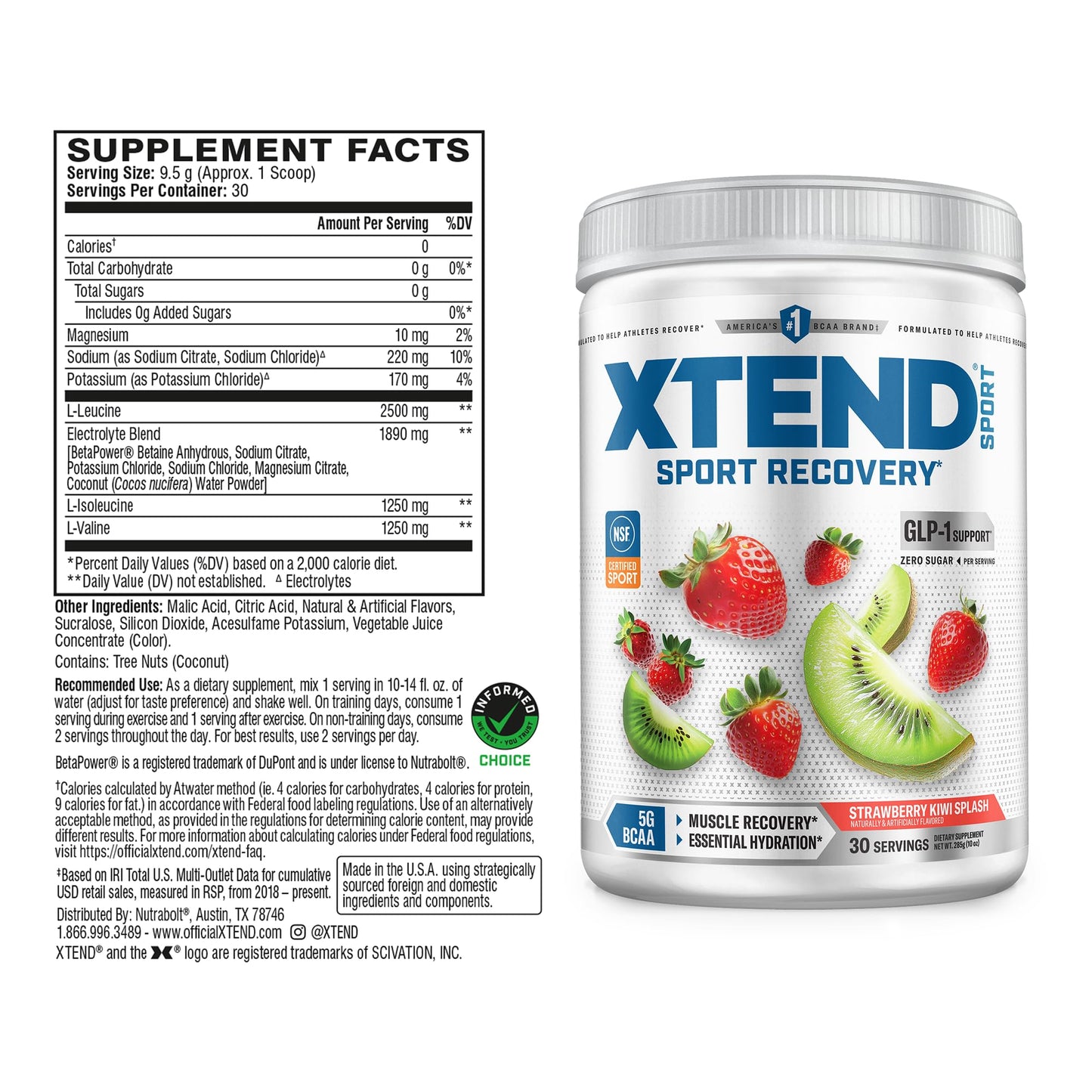 Xtend Sport BCAA Powder 12.2 oz, 30 Servings, Strawberry Kiwi Splash