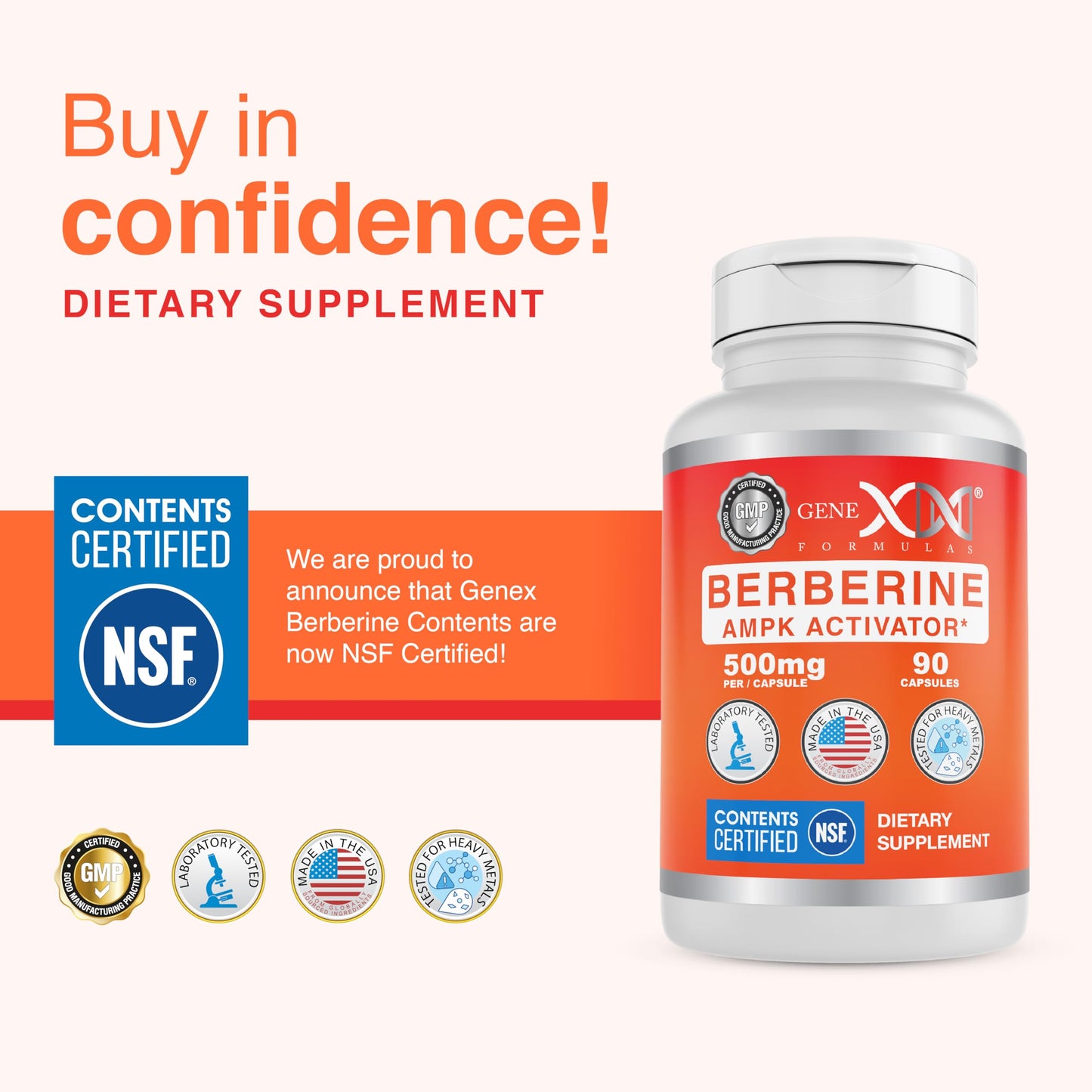 Genex Formulas Berberine HCl 500mg NSF Certified Supplement Capsule, 90 Count