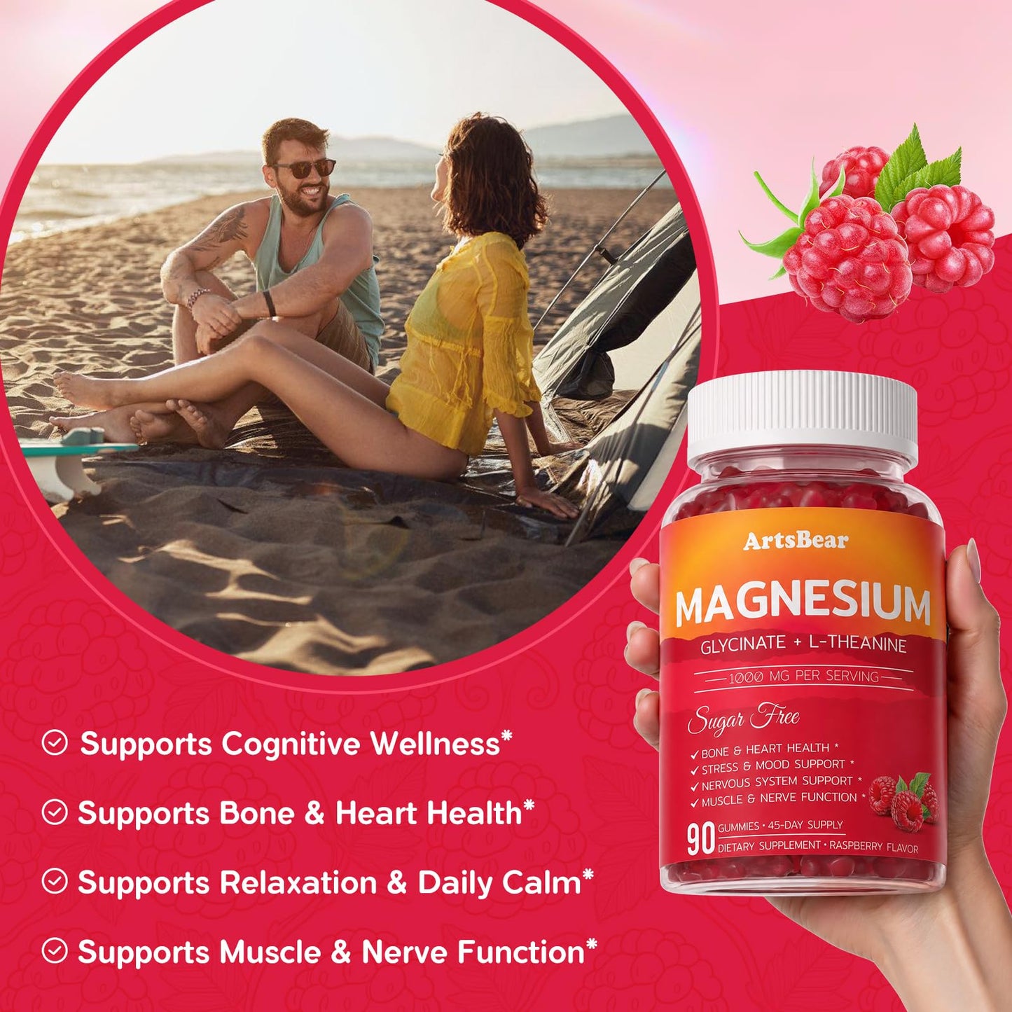 ArtsBear Magnesium Glycinate Gummies 1000mg Complex, 90 Count