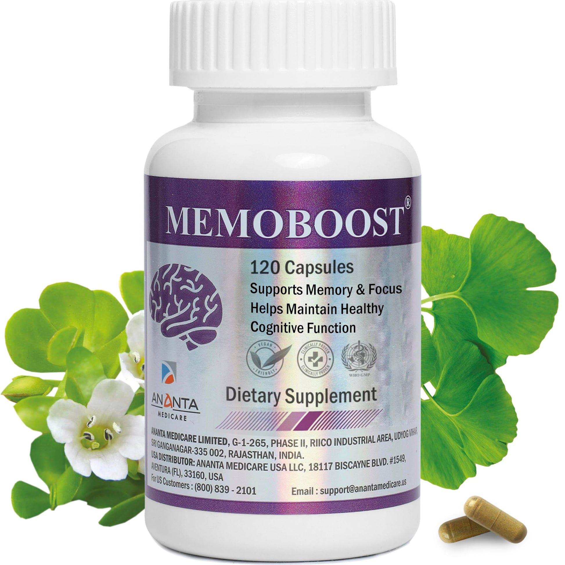 Ananta Medicare USA MemoBoost Memory Supplement - Natural Brain & Clarity Tablet, 1 Count