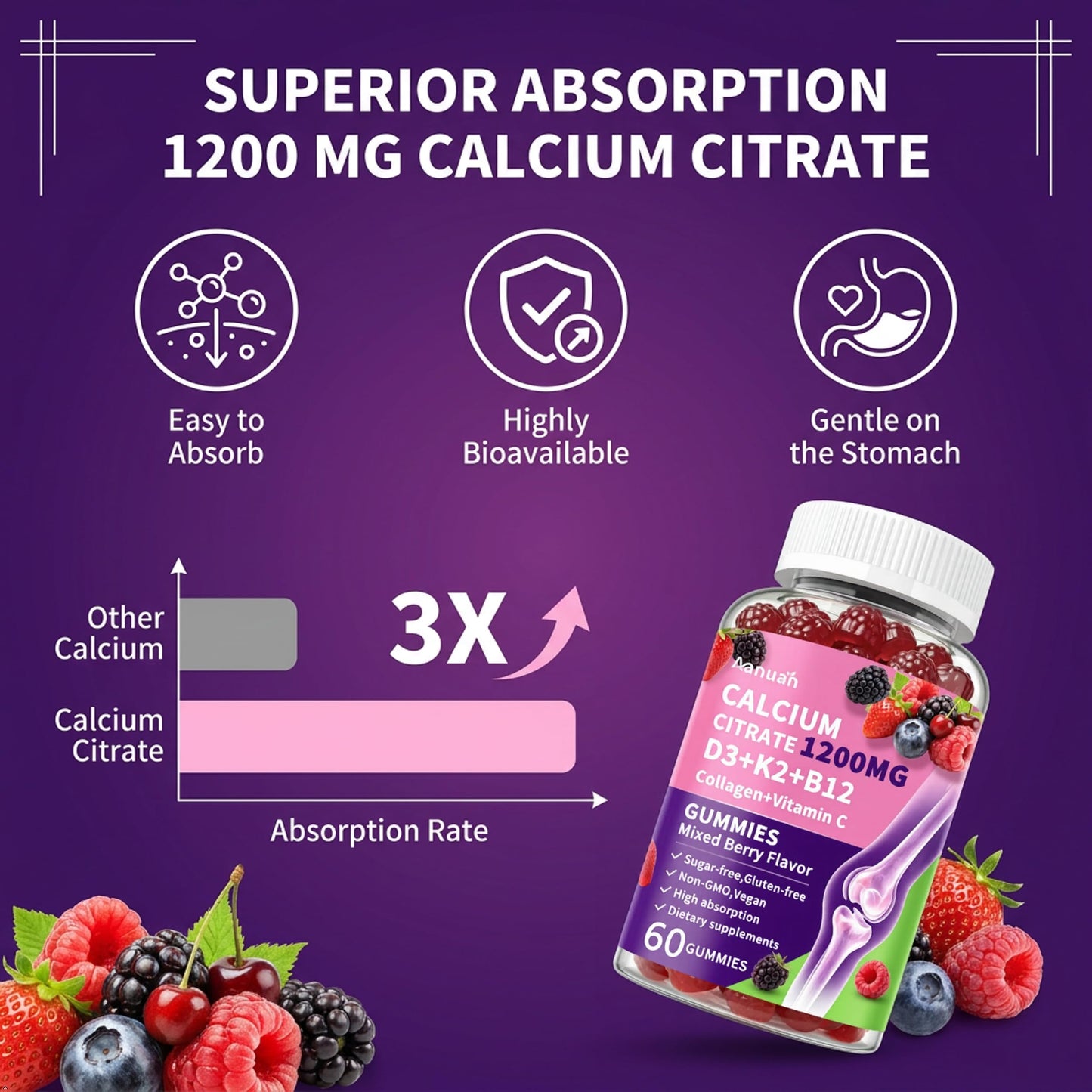 Aanuan Calcium Citrate 1200 mg Gummies with Collagen, Vitamin C D3 K2 B12, 120 Gummies
