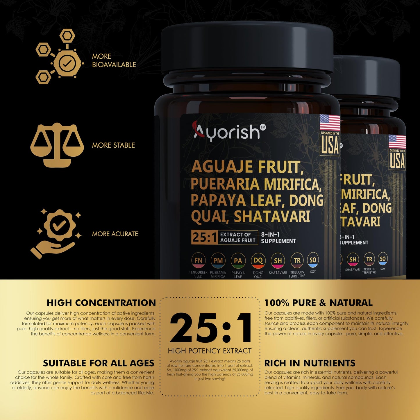 Ayorish Aguaje Fruit Supplement 1000mg 25:1 with Pueraria Mirifica, Papaya Leaf, Dong Quai, Shatavari, Wild Yam, Fenugreek Seed Capsules 120