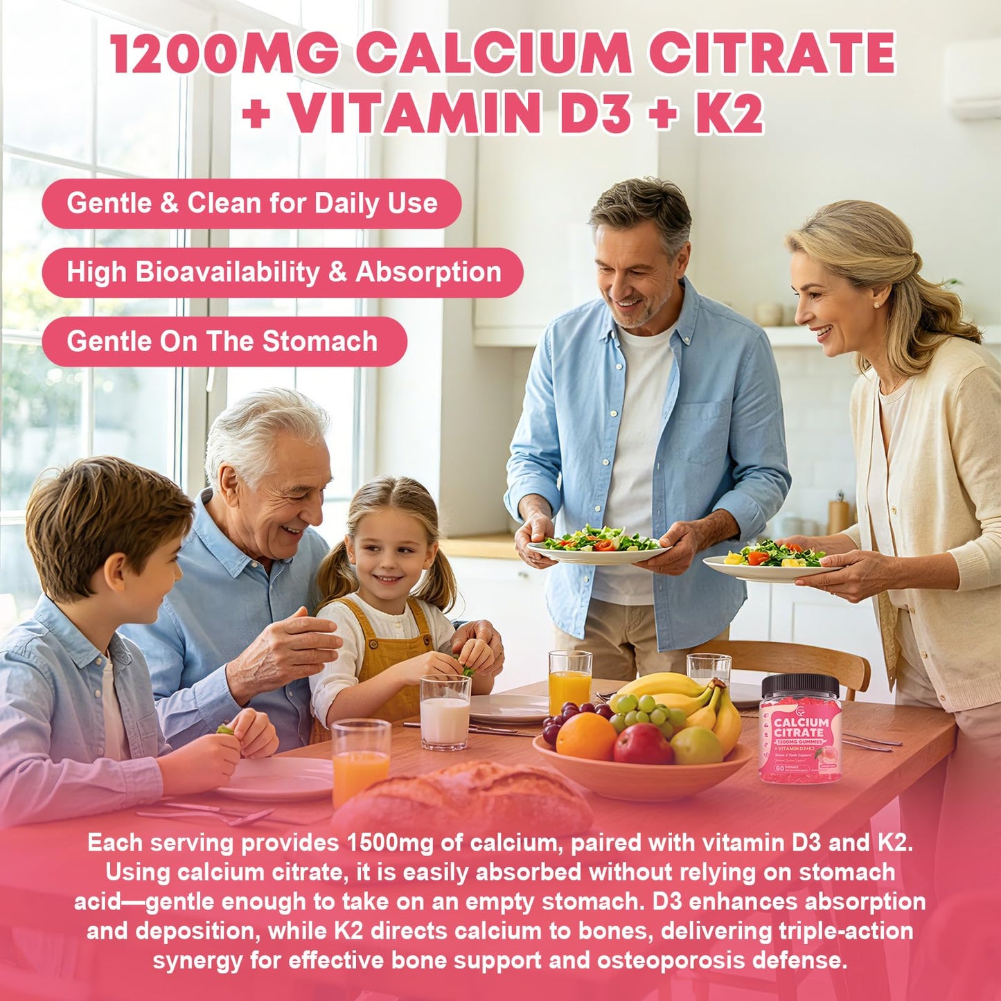 GORNVB Calcium Citrate Gummies 1200 mg with Vitamin D3, K2, Vegan, 60 Gummies