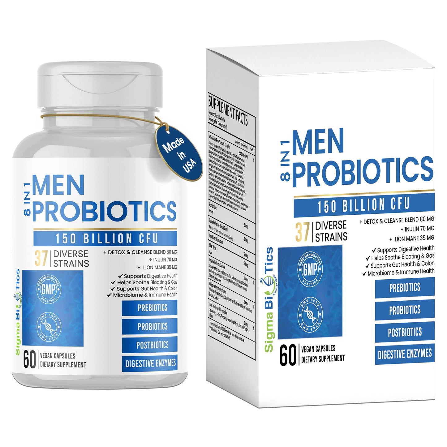 SigmaBiotics Probiotics for Men 150 Billion CFU Acidophilus Capsules with Prebiotics & Postbiotics, 37 Strains with Digestive Enzymes, Supports Gut Microbiome, Colon & Immune Health, 60 Vegan Capsules
