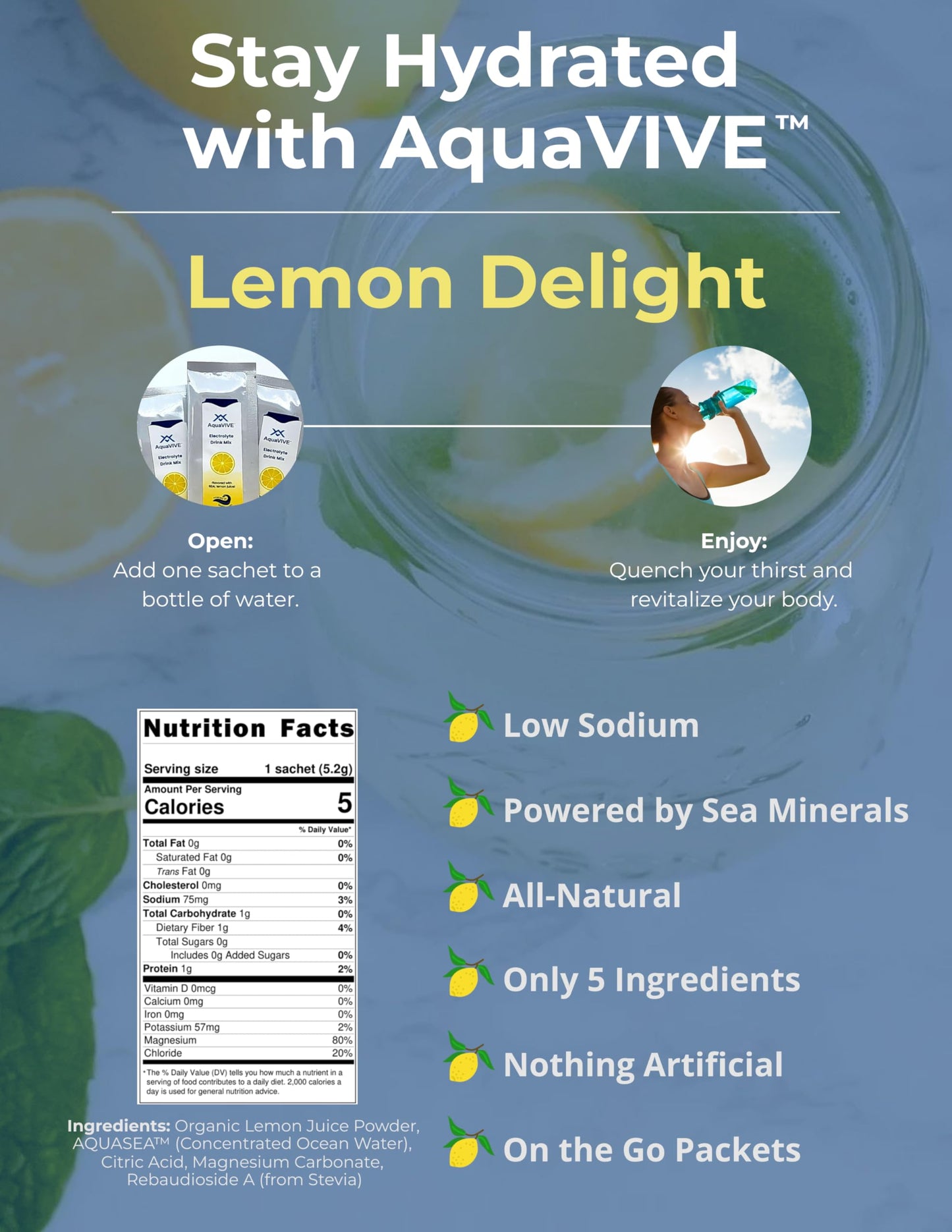 AquaVIVE Sugar Free Magnesium Electrolytes Powder - Lemon Delight, Stevia Sweetened, Powered by Sea Minerals, Real Organic Lemon Juice - Low Sodium Electrolyte Powder Packets 1.08 Ounce