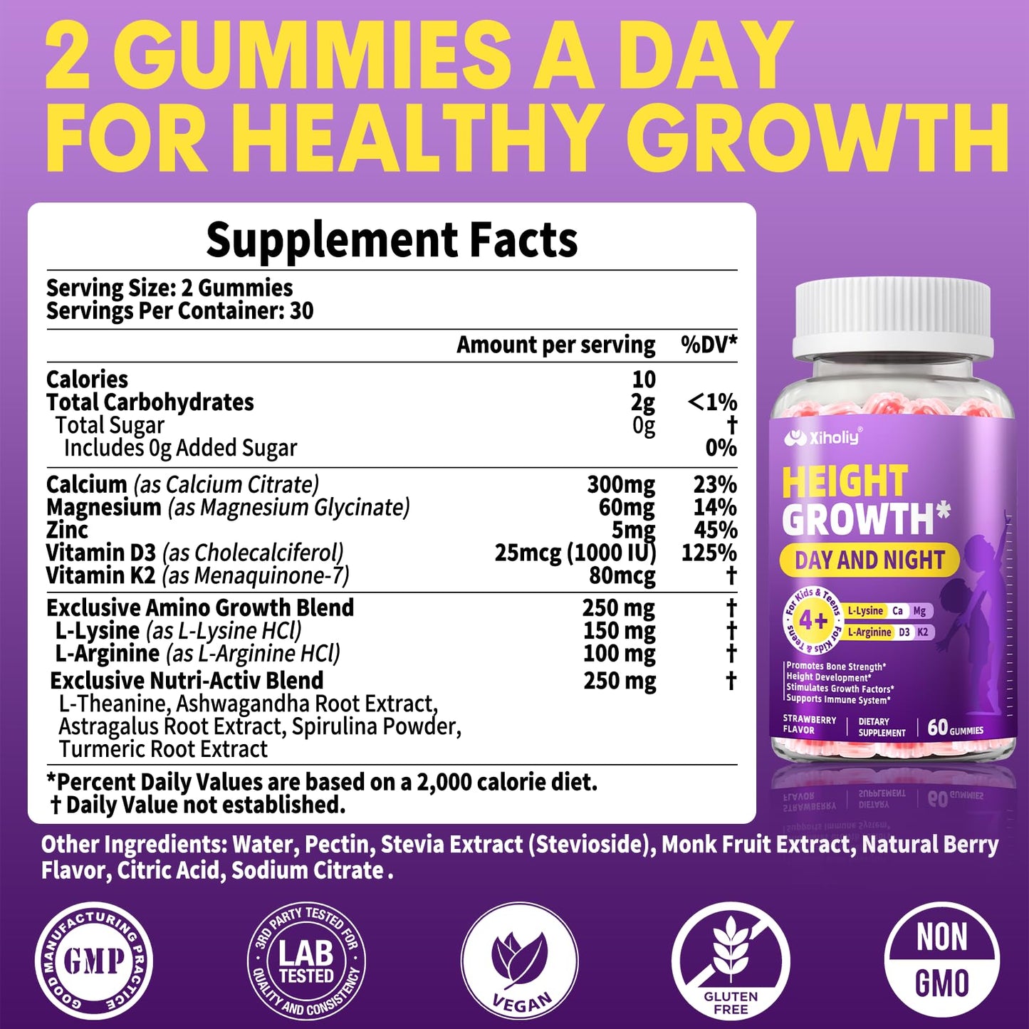 XIHOLIY Height Growth Gummies for Kids & Teens - Natural Vitamin Growth Supplement Gummy 60 Count