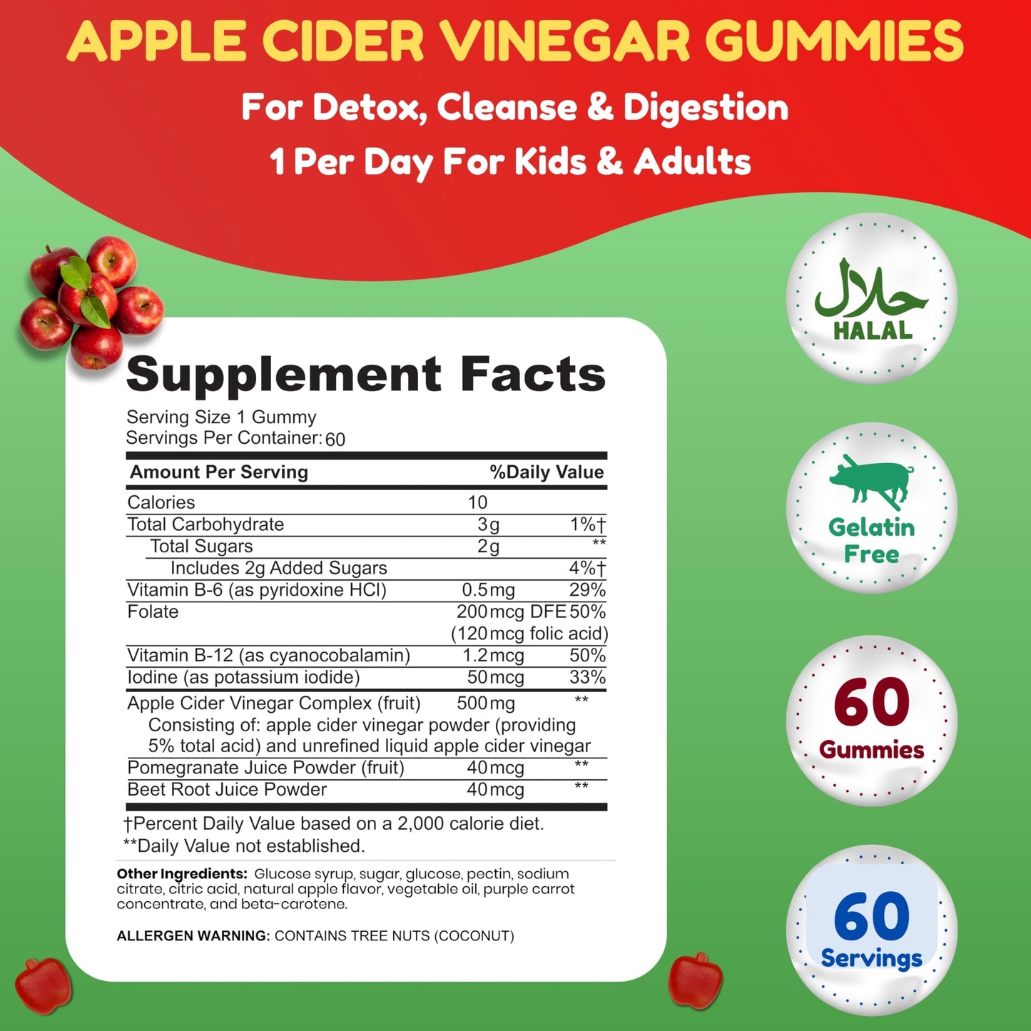 SHIFAA NUTRITION Halal Apple Cider Vinegar Gummies, 60 Count
