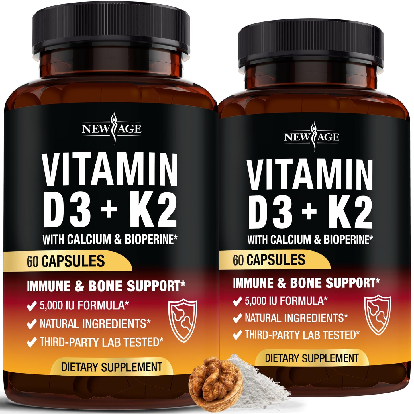 NEW AGE Vitamin D3 5,000 IU + K2 MK-7 100 mcg - 2-in-1 Bone, Immune & Heart Support Capsules, 120 Capsules