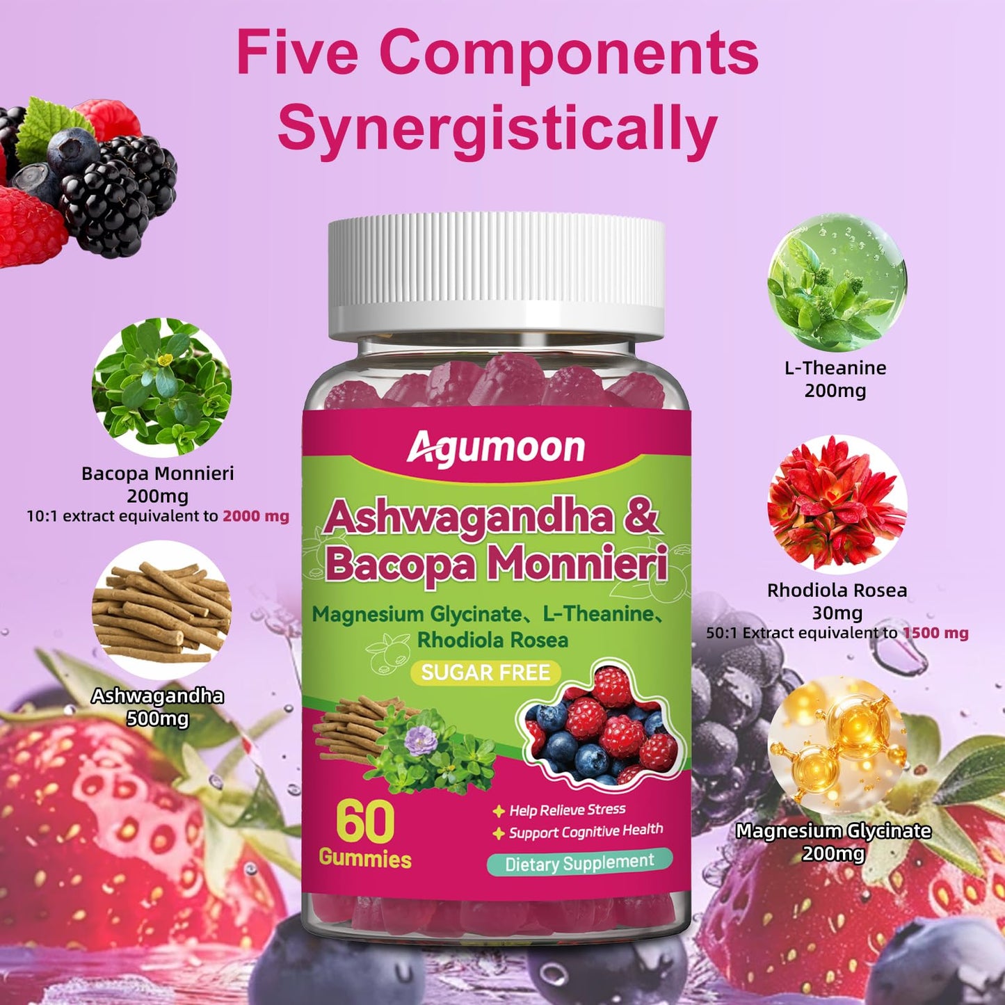 Agumoon Bacopa Monnieri Gummies & Ashwagandha for Kids & Adults Gentle Organic GMP, Gummy, 60 Count