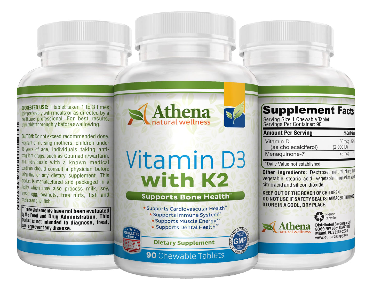 Athena Natural Wellness Vitamin D3 2000IU with K2 (MK7) Chewable Tablets, 90 Tablets