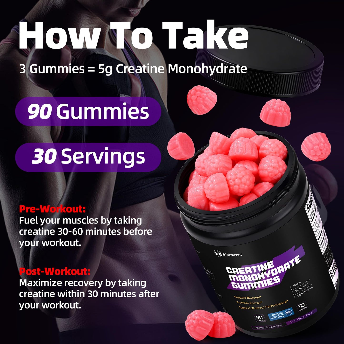 IRIDESICENT Creatine Gummies 5000mg – NSF Certified Creatine Monohydrate, Sugar Free, Vegan Chewables, 90 Count