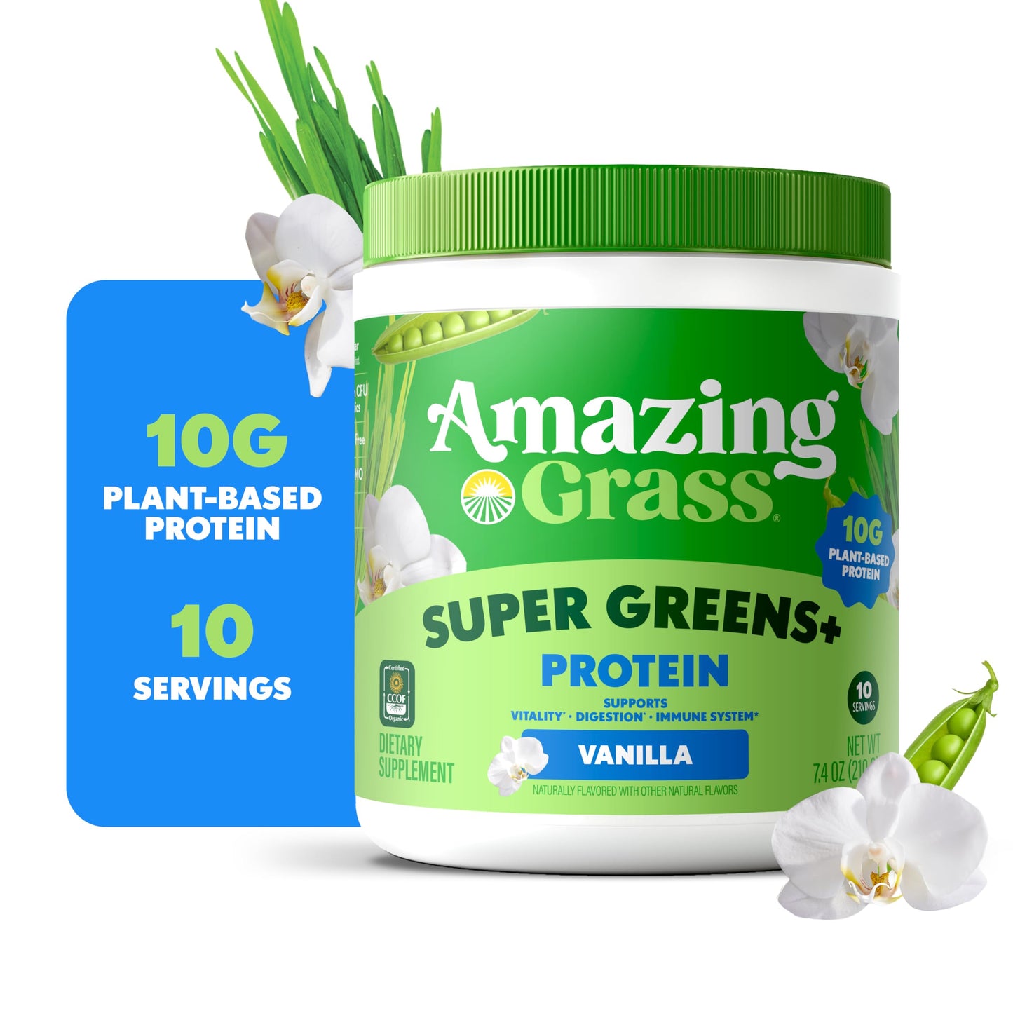 Amazing Grass Super Greens+ Protein Powder Vanilla 7.4 Ounce, 10 Servings