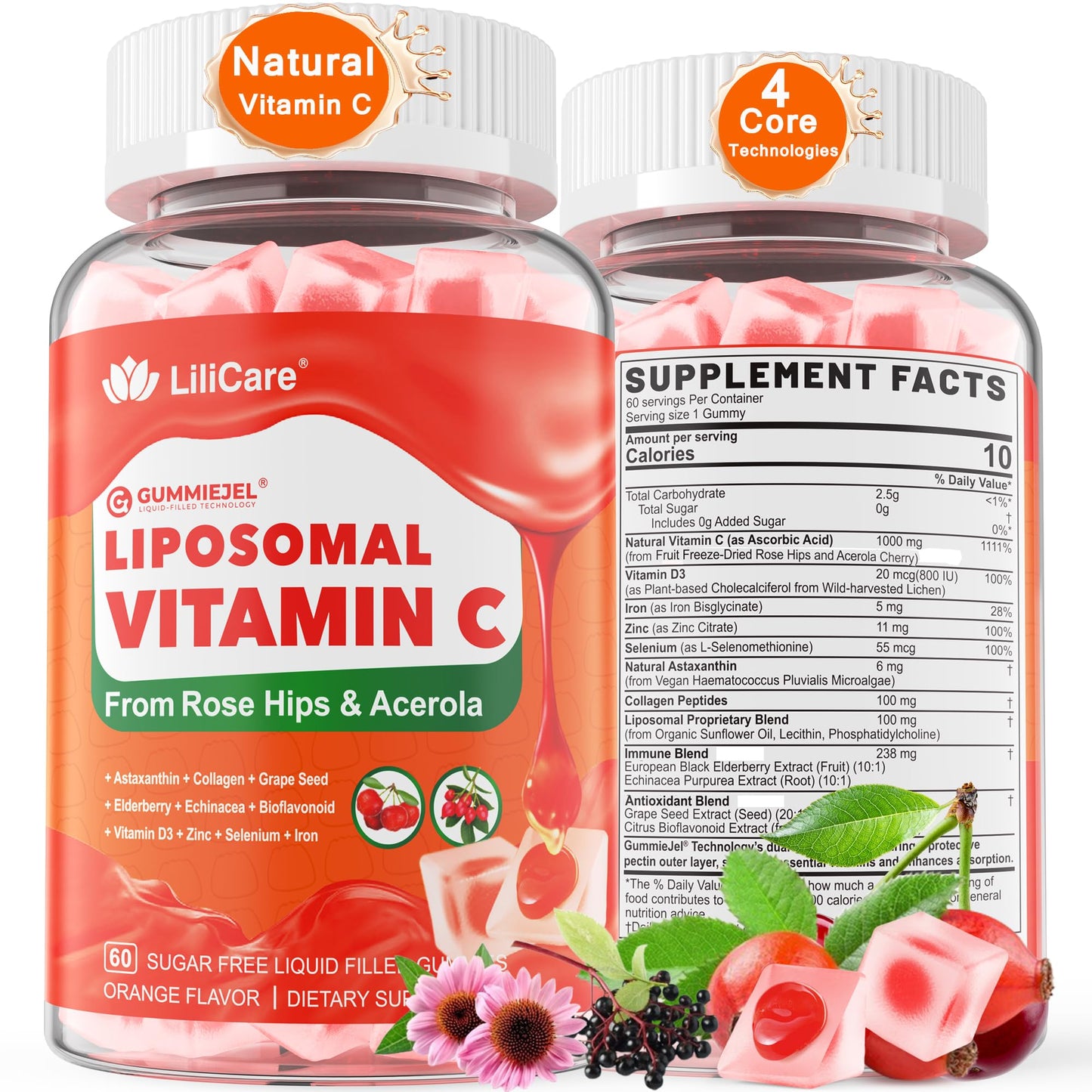 LILICARE Liposomal Vitamin C 1000mg & Vegan Omega3 Gummies 1280mg, 180 Gummies