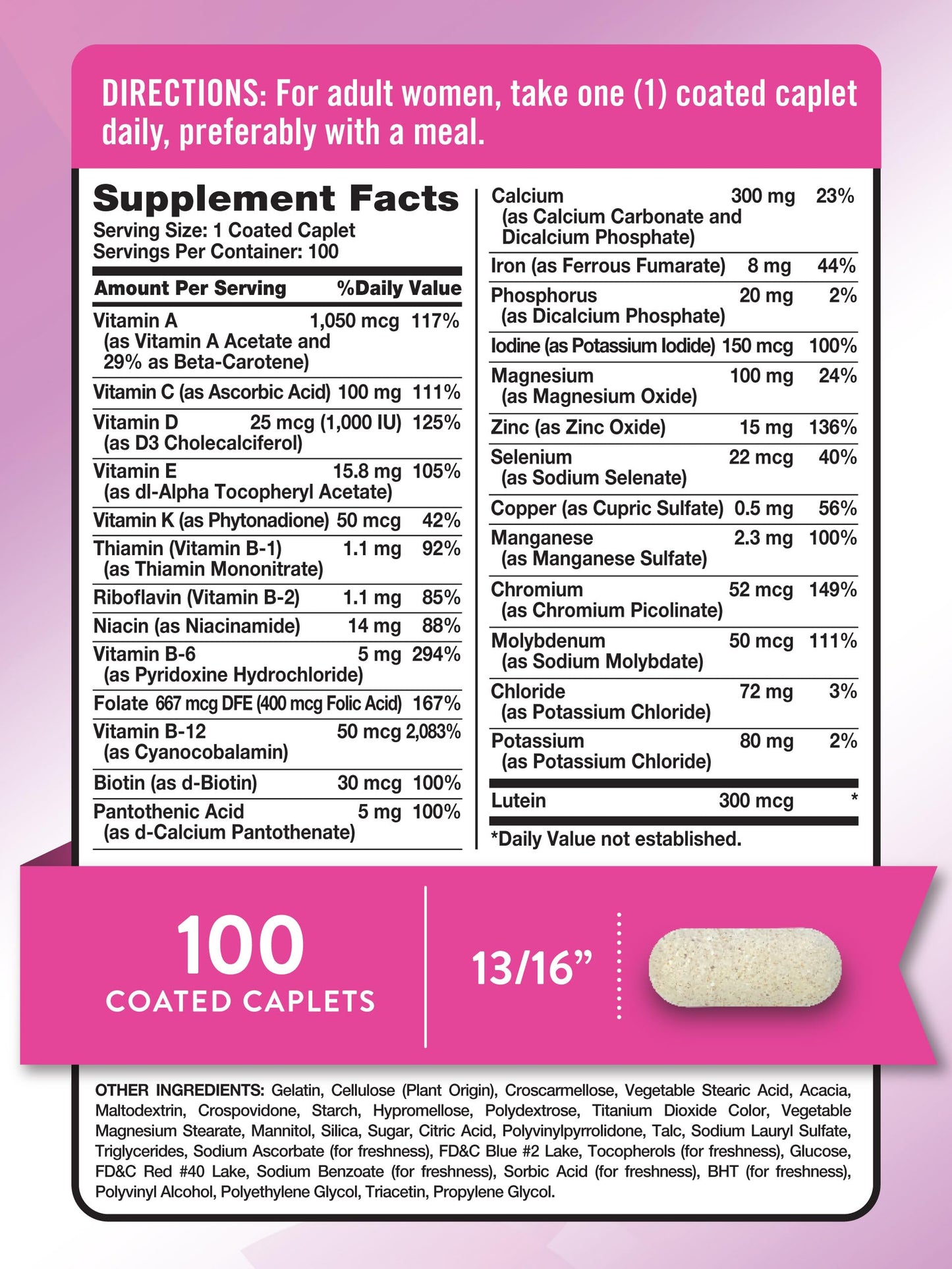 Nature's Truth Women's 50+ Multivitamin Caplets, 100 Count