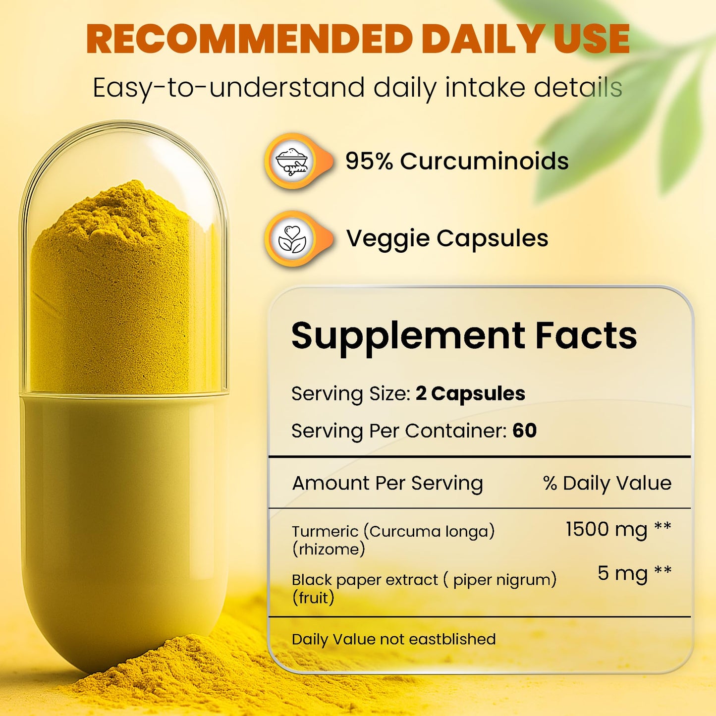 HERVIVA Turmeric Curcumin 1500mg with Black Pepper 5mg Vegan Capsules, 120 Count
