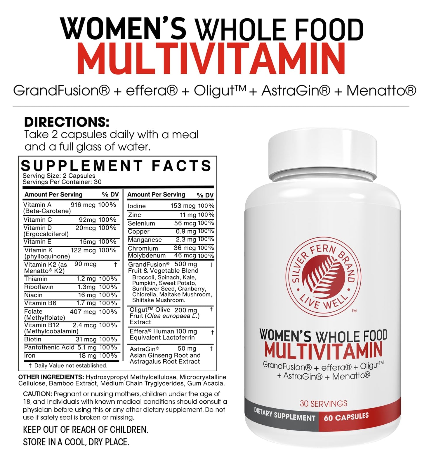 Silver Fern Women’s Whole Food Multivitamin – Daily Vitamin & Mineral Supplement with GrandFusion®, Oligut™, Effera®, AstraGin® & Menatto® K2 Capsule 1 Count