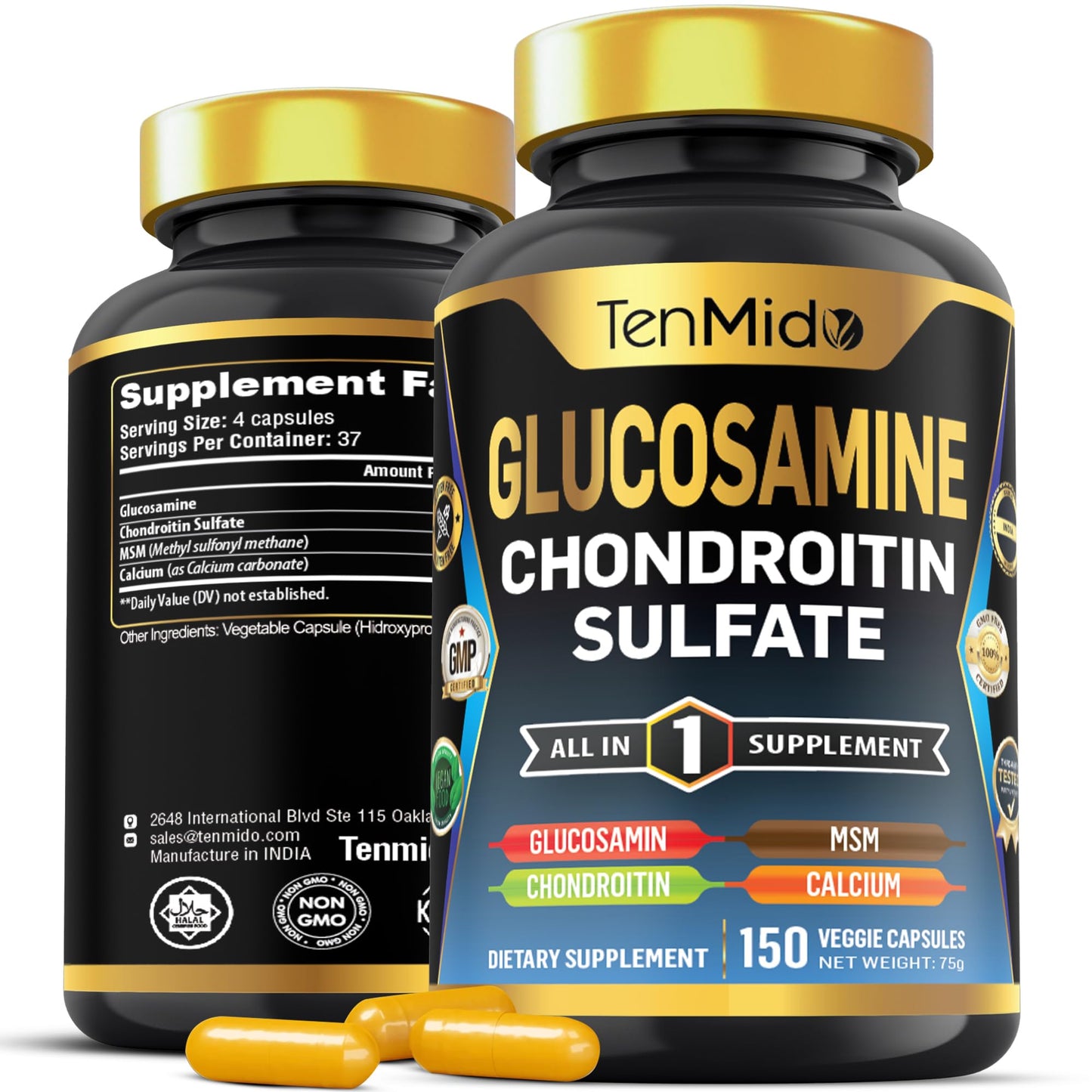 Tenmido Glucosamine Chondroitin MSM Supplement Capsules, 150 Count