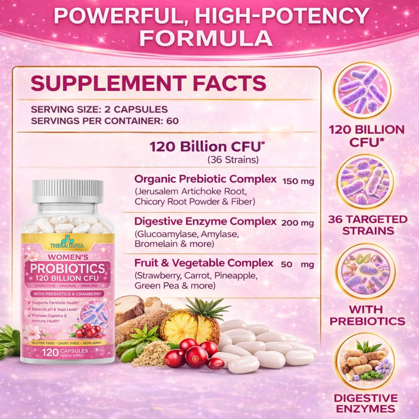 TheraSuva Women’s Advanced Probiotics 120 Billion CFU (36 Strains) with Prebiotics, Enzymes & Cranberry Softgels 120 Count