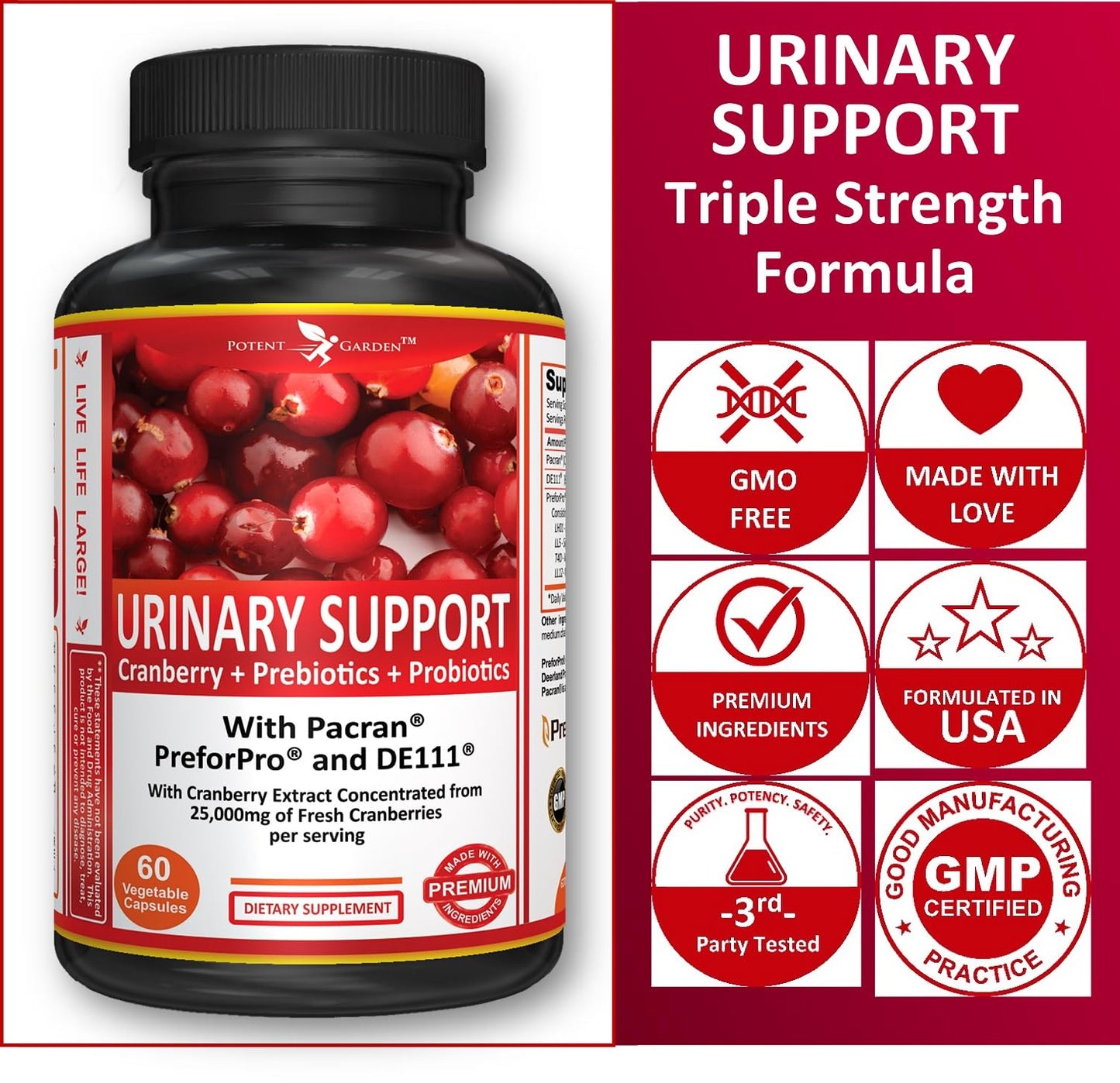 Potent Garden Urinary Support Probiotic Cranberry Capsules for Women, 5 Billion CFUs, 60 Count