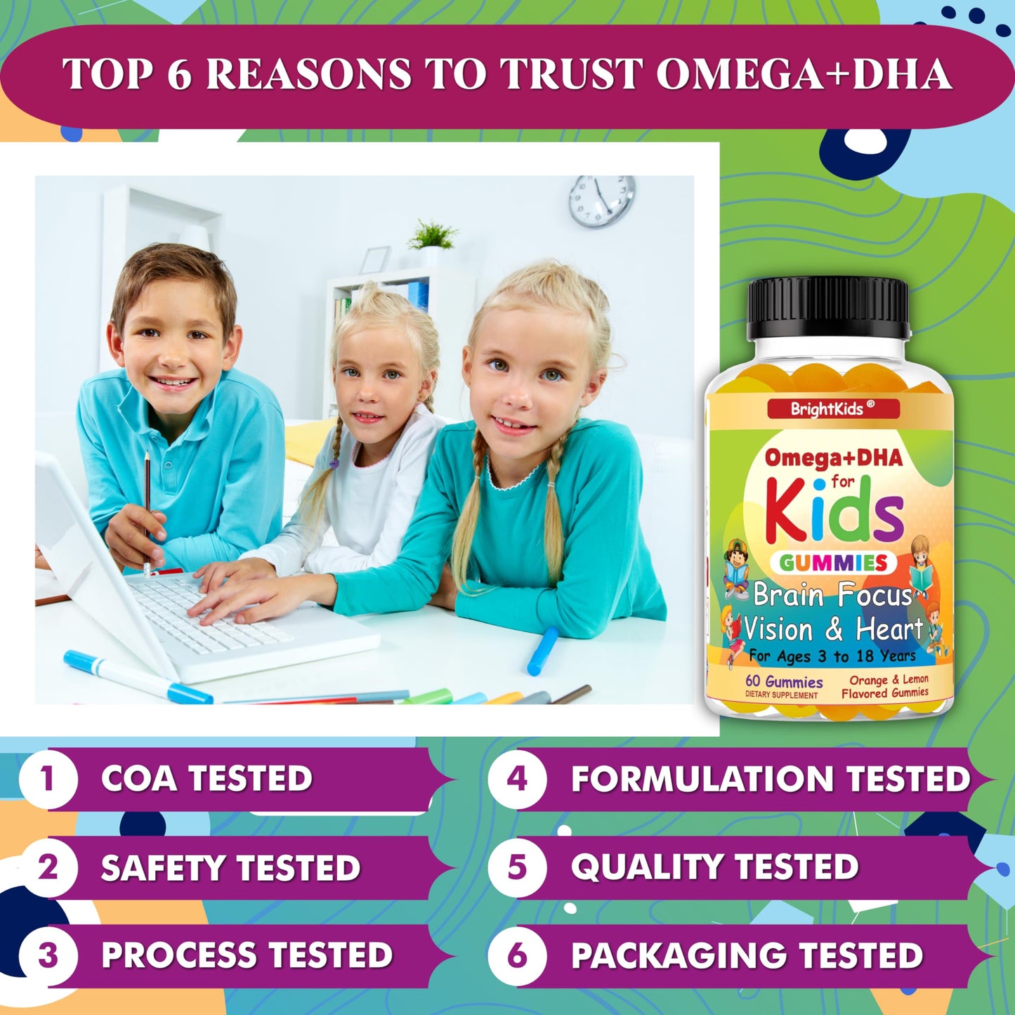 BrightKids Omega DHA Gummies for Kids & Teens, 60 Gummies