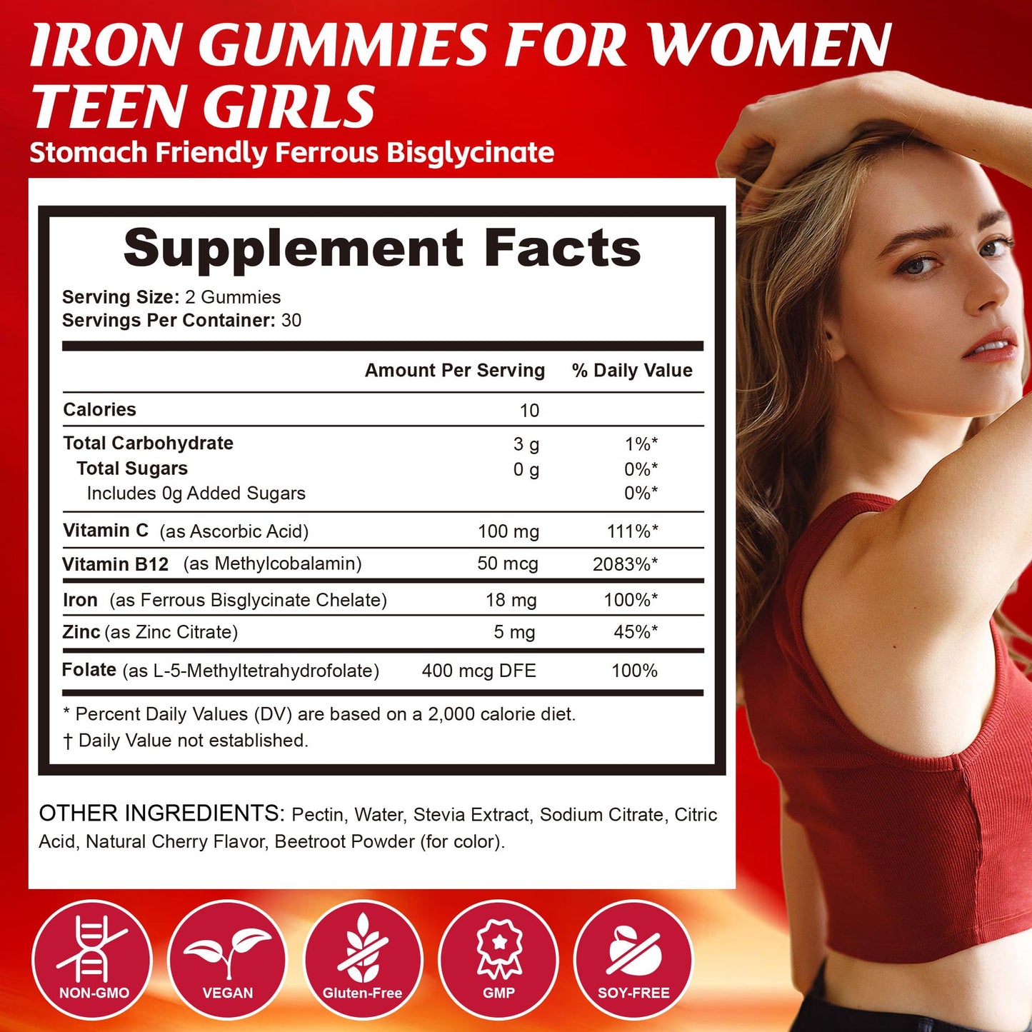 Q'ankyaq Iron Gummies Supplement for Teen Girls and Women, Ferrous Bisglycinate, 60 Gummies