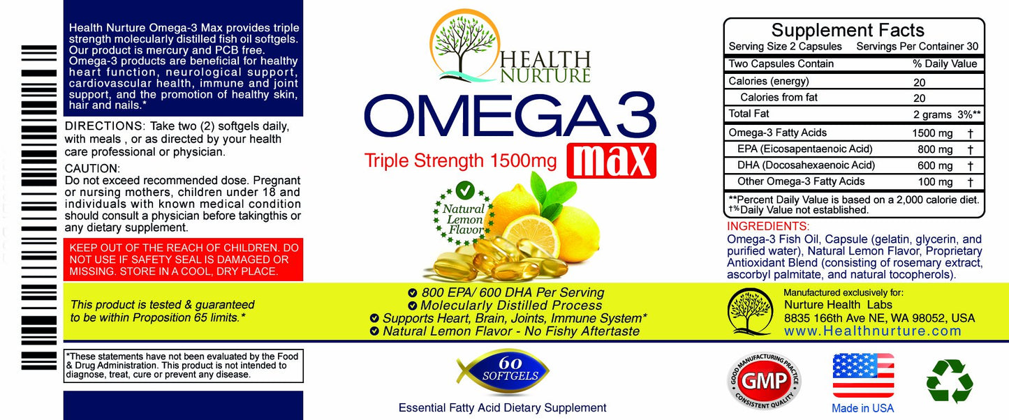 Health Nurture Fish Oil Omega-3 Maximum Strength 1500mg (800 EPA/600 DHA) Pharmaceutical Grade Fish Oil Capsule, 1 Count