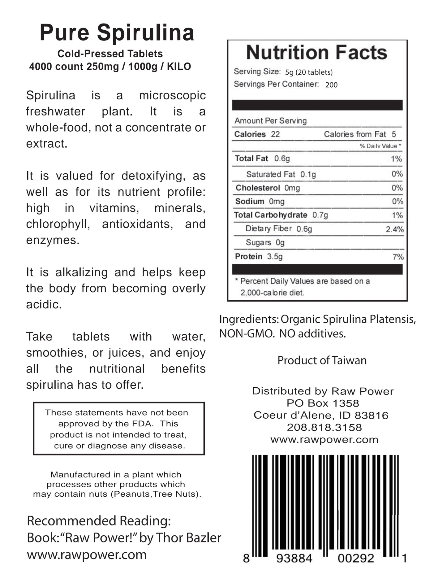 Raw Power Spirulina Cold-Pressed Tablets 1 Count