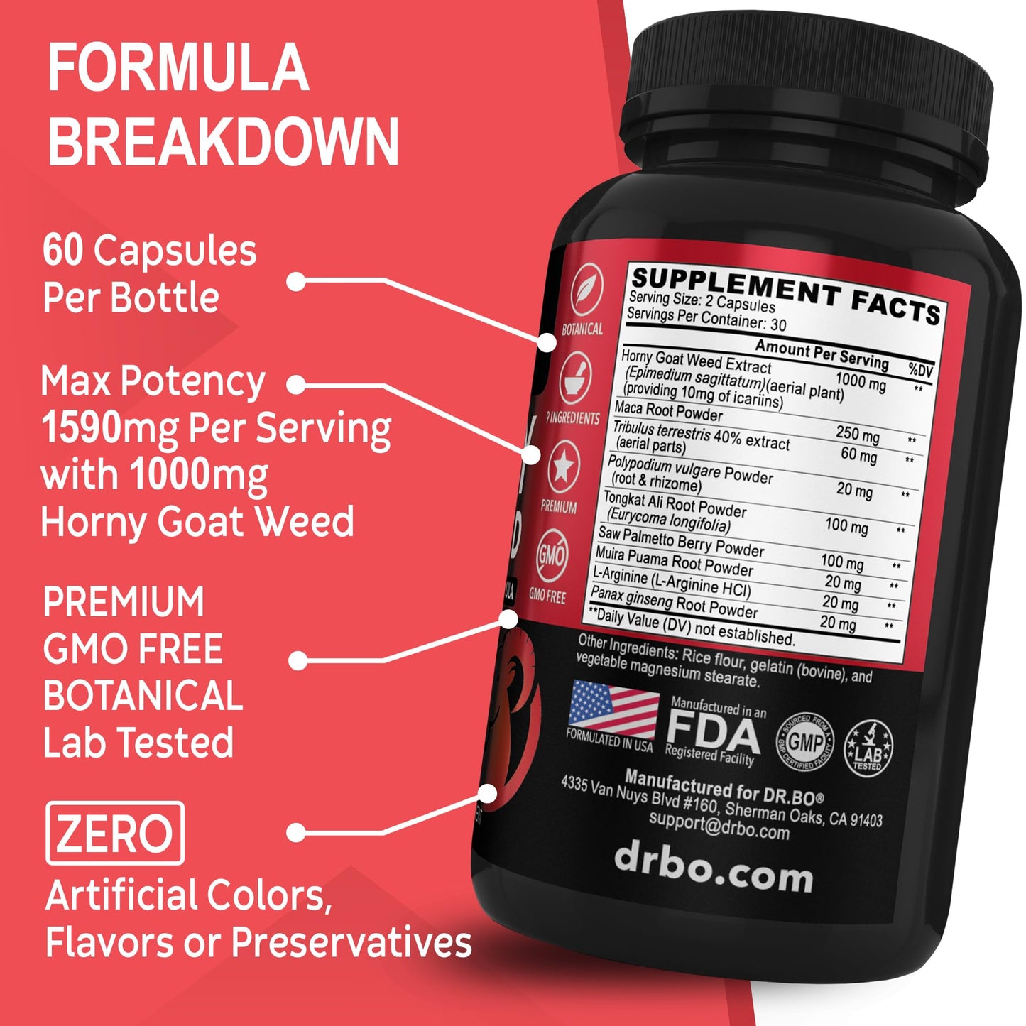 DR. BO Horny Goat Weed For Men and Women 1590mg Extra Max Male Enhancement, Stamina, Endurance, Performance - Maca Root, Tribulus, Muira Puama, L Arginine Ginseng 60 Capsules