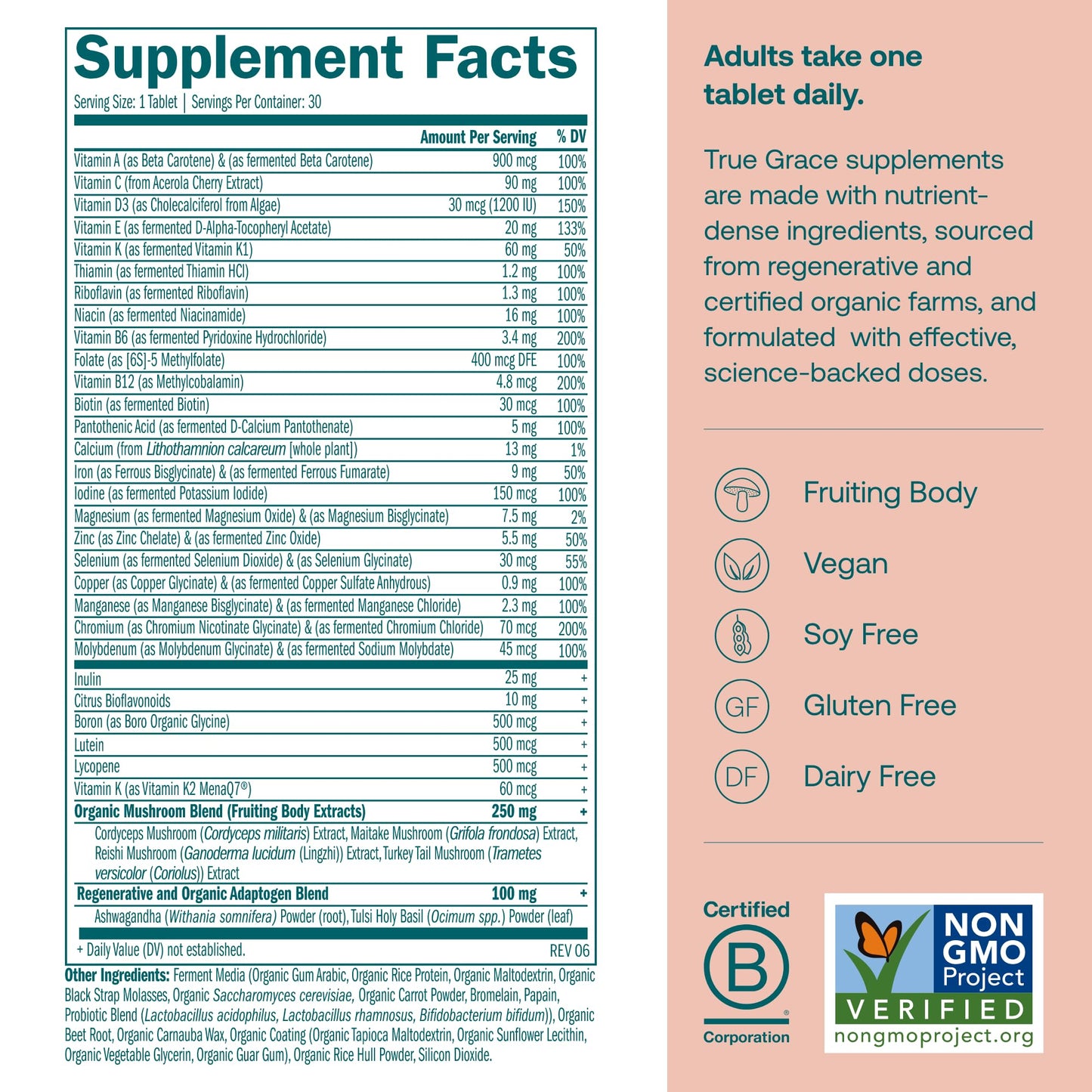 True Grace One Daily Women’s Multivitamin Fermented Minerals, Organic Adaptogens & Mushrooms Whole Body Balance, Immune, Energy, Beauty Support 30 Tablets