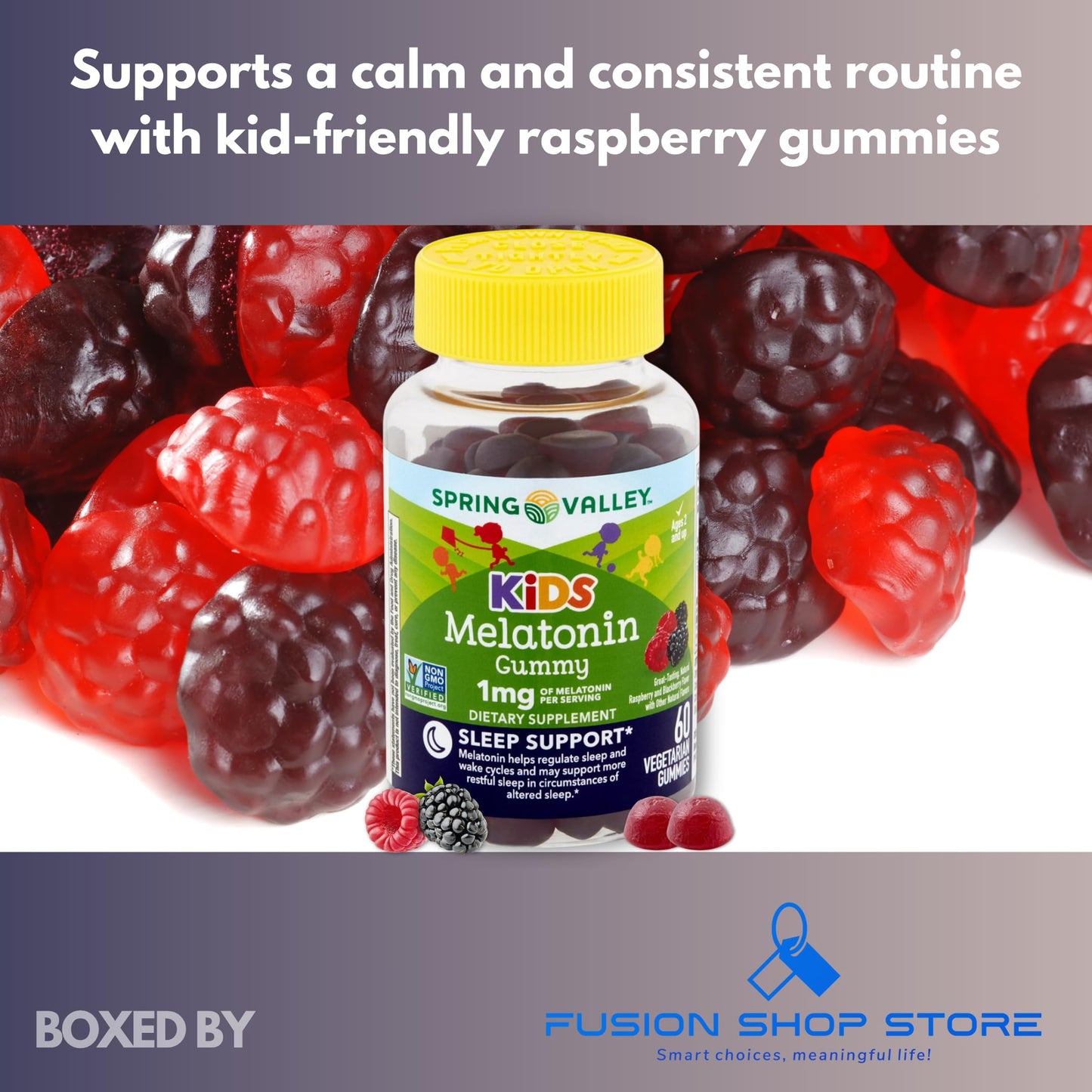 FUSION SHOP STORE Kids Melatonin Gummies 1mg Raspberry Flavor, 60 Gummies