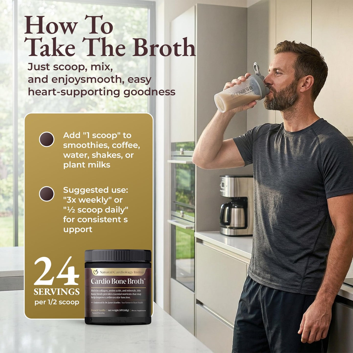 Natural Cardiology Institute Cardio Bone Broth Protein Powder with Collagen Peptides, Vanilla Flavored, 17.4 oz