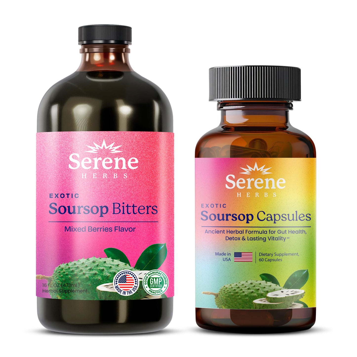 Serene Herbs Sweet Support Stack - Soursop Capsules + Mixed Berry Bitters, Capsules + Bitters, 61 Capsules