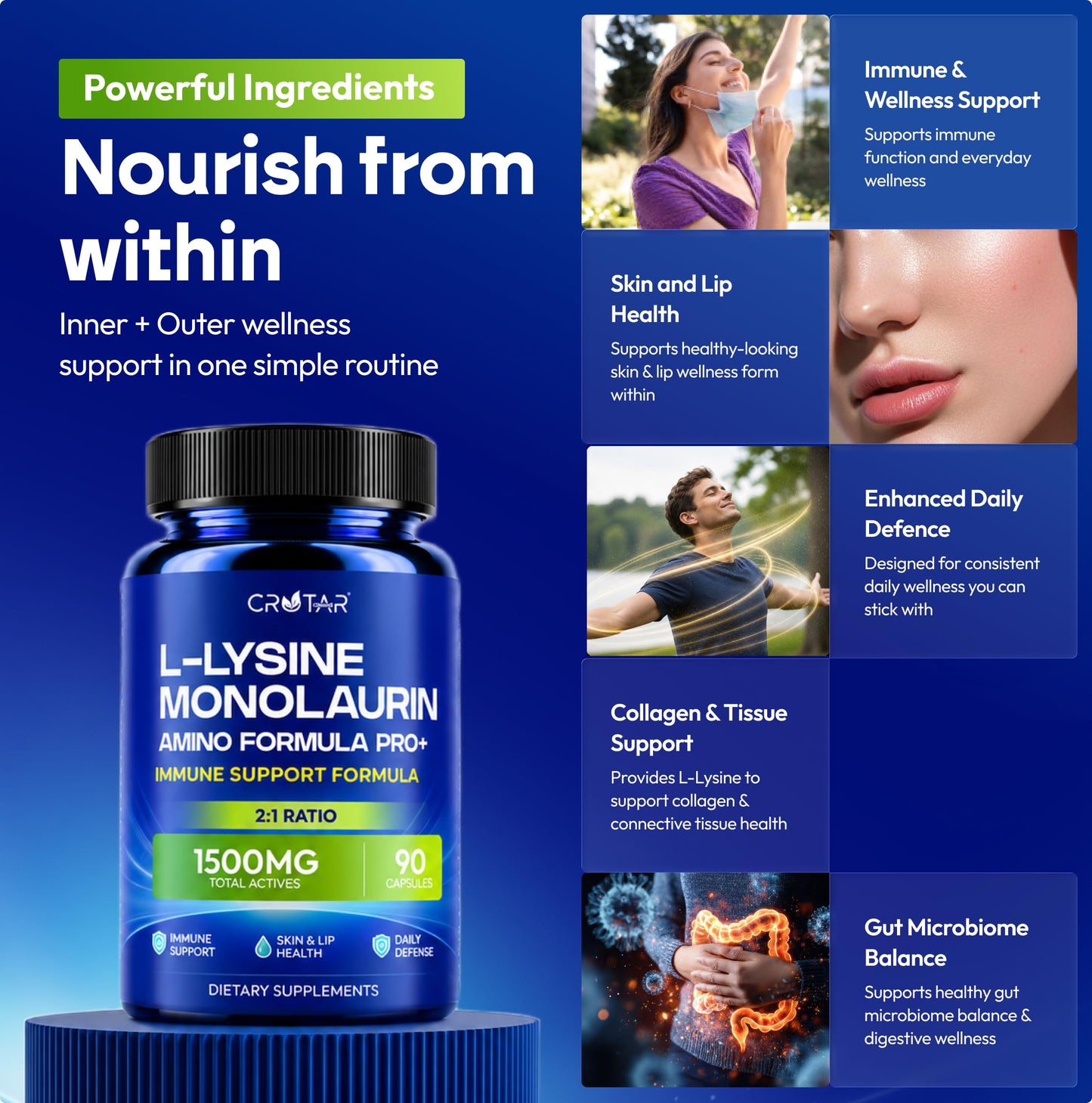 Crotar Origins Lysine 1000mg Capsules with Monolaurin, 90 Capsules