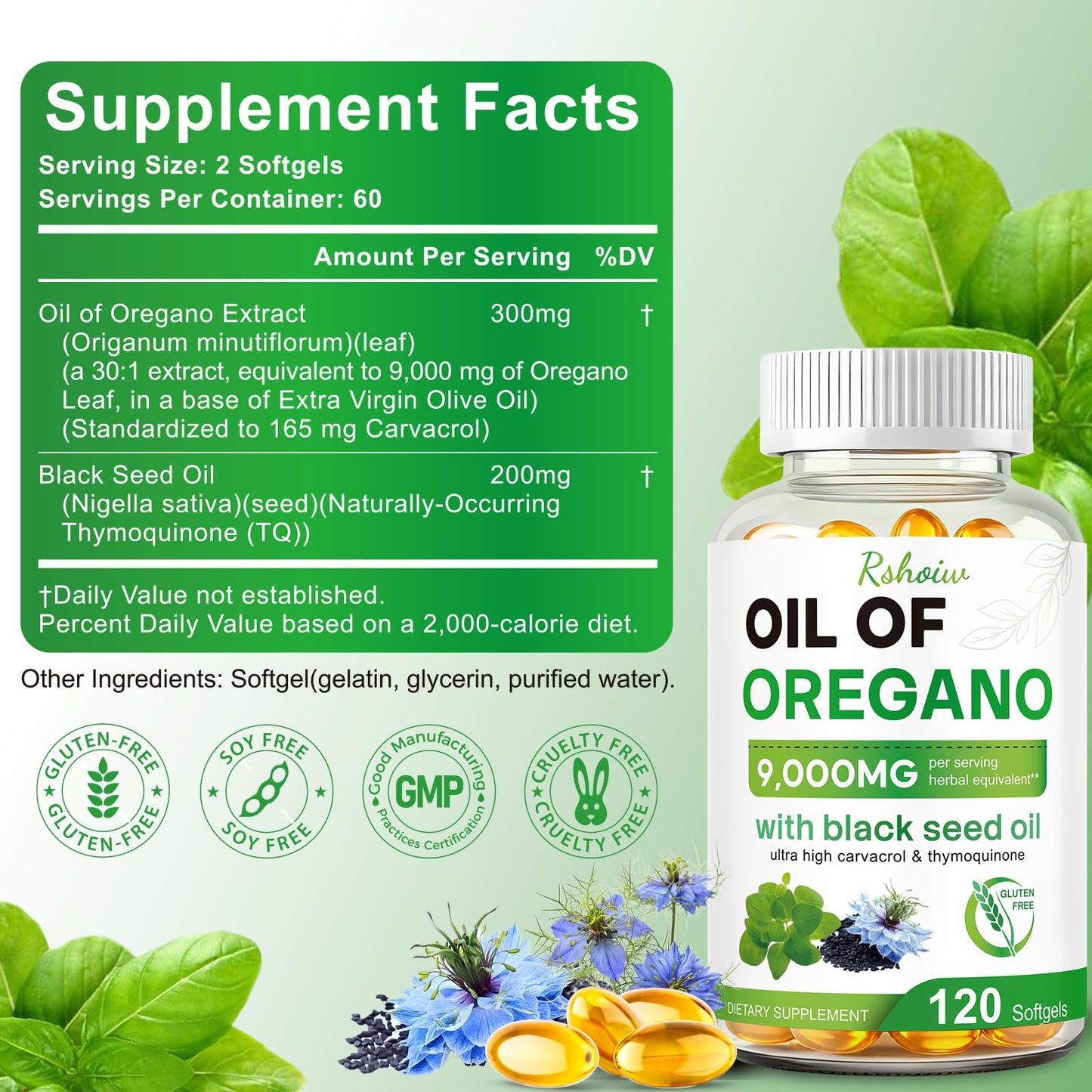 Rshoiw Oil of Oregano & Black Seed Oil Softgels, 120 Softgels