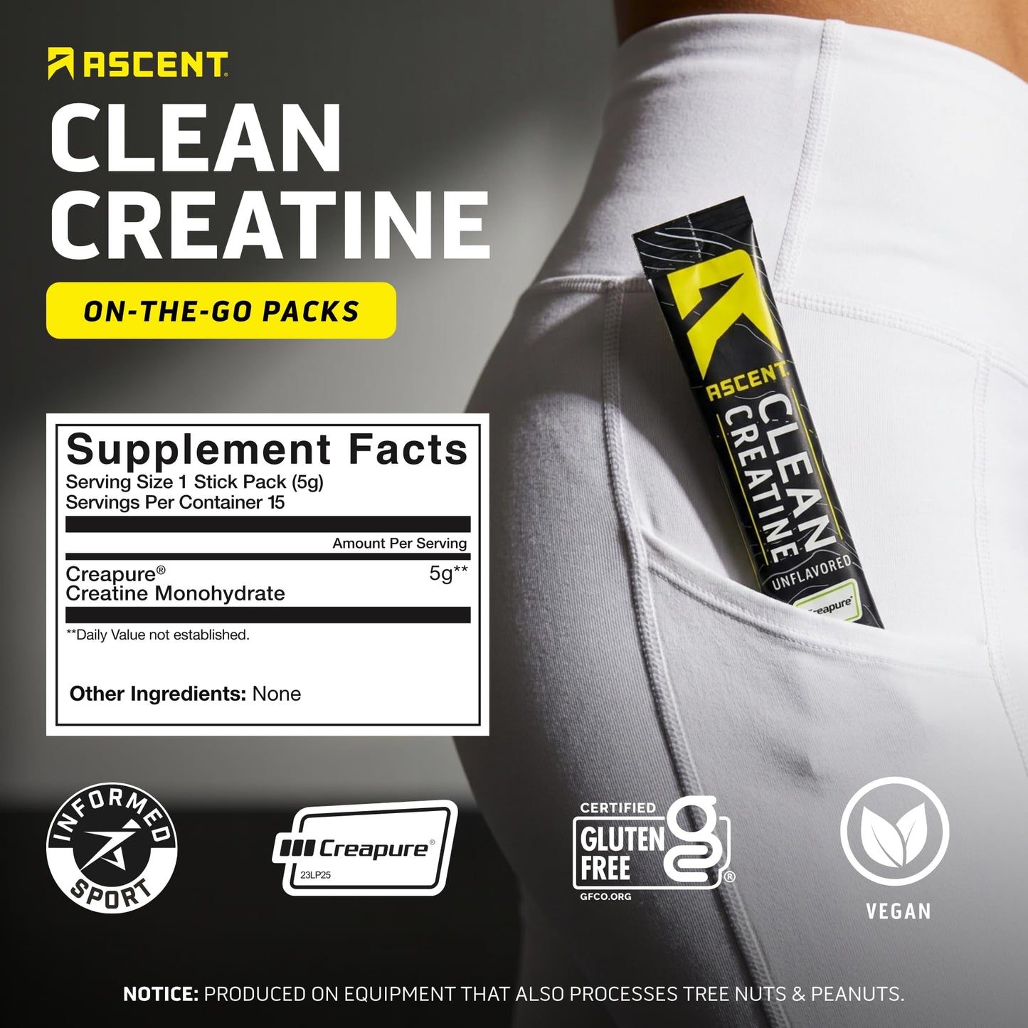 Ascent Clean Creatine Monohydrate Powder Unflavored 15 Servings