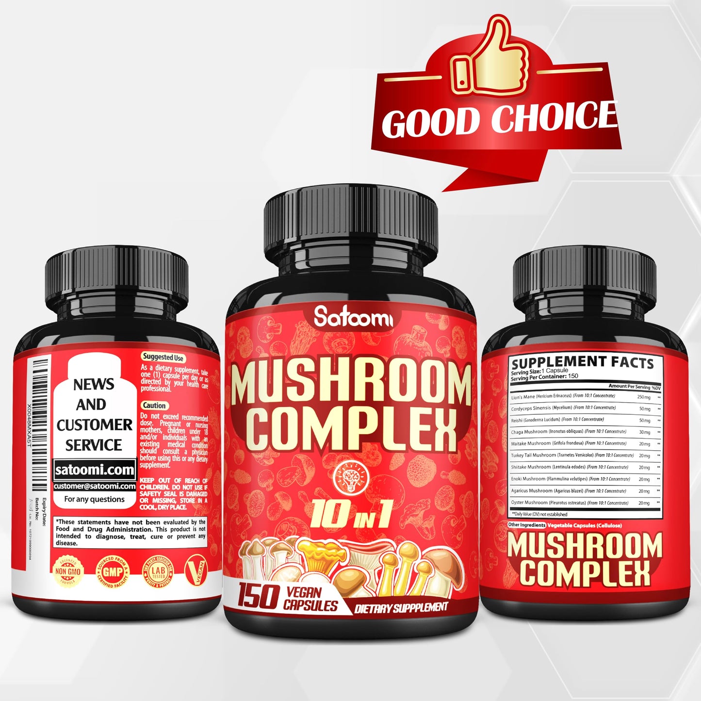 Satoomi 10in1 Mushroom Complex Supplements Capsules, 150 Capsules