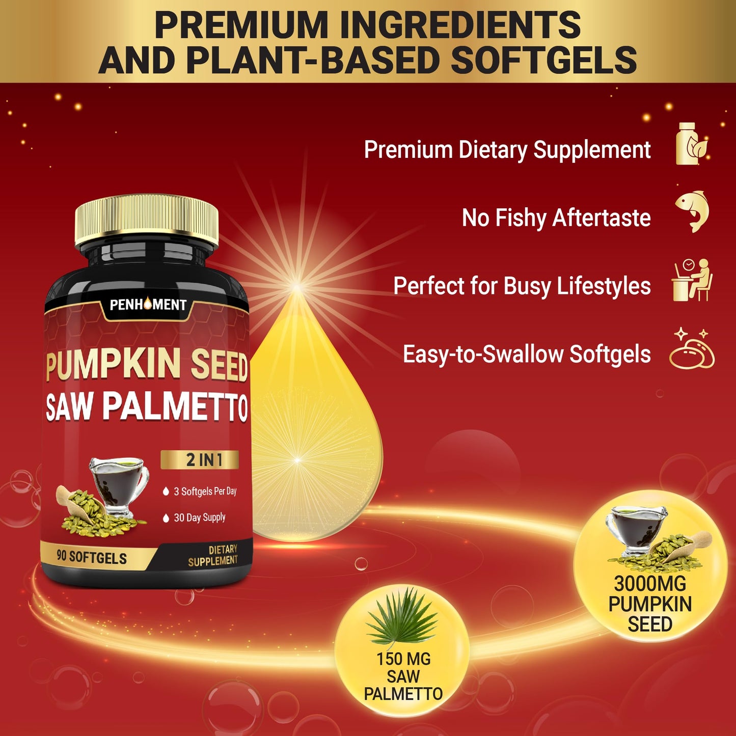 Penhoment 3150mg Pumpkin Seed Oil with Saw Palmetto Softgels 90