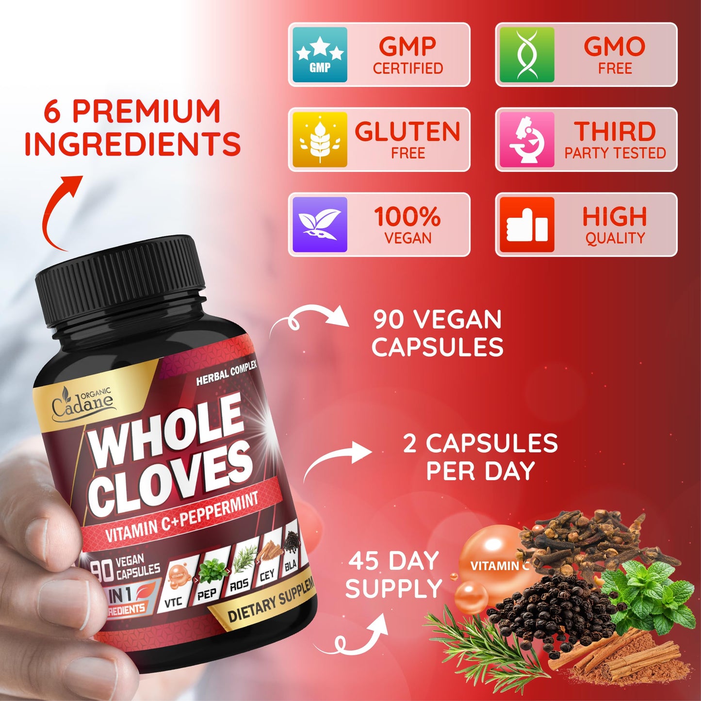 Organic Cadane 6in1 Whole Cloves Herbal Supplement Capsules 90 Count