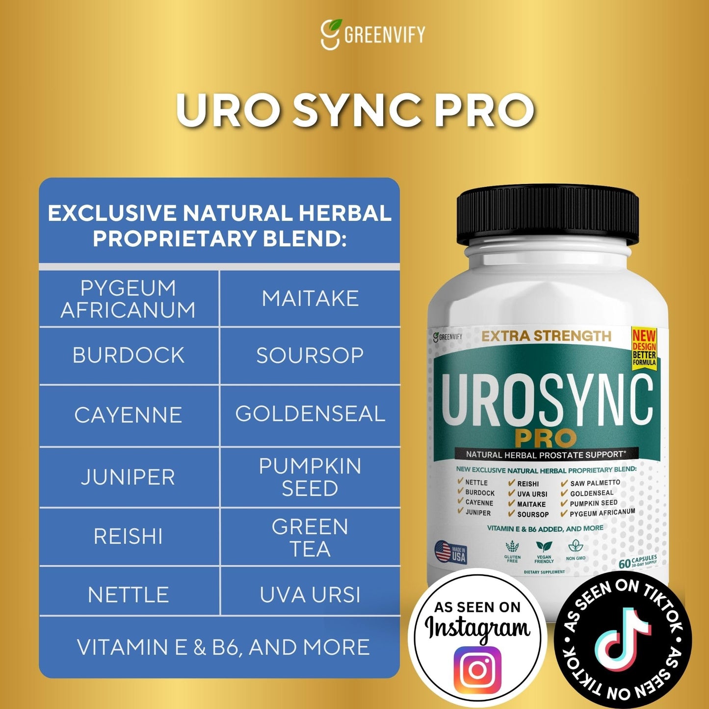 GREENVIFY UroSync Pro Natural Herbal Prostate Support Capsule, 180 Count