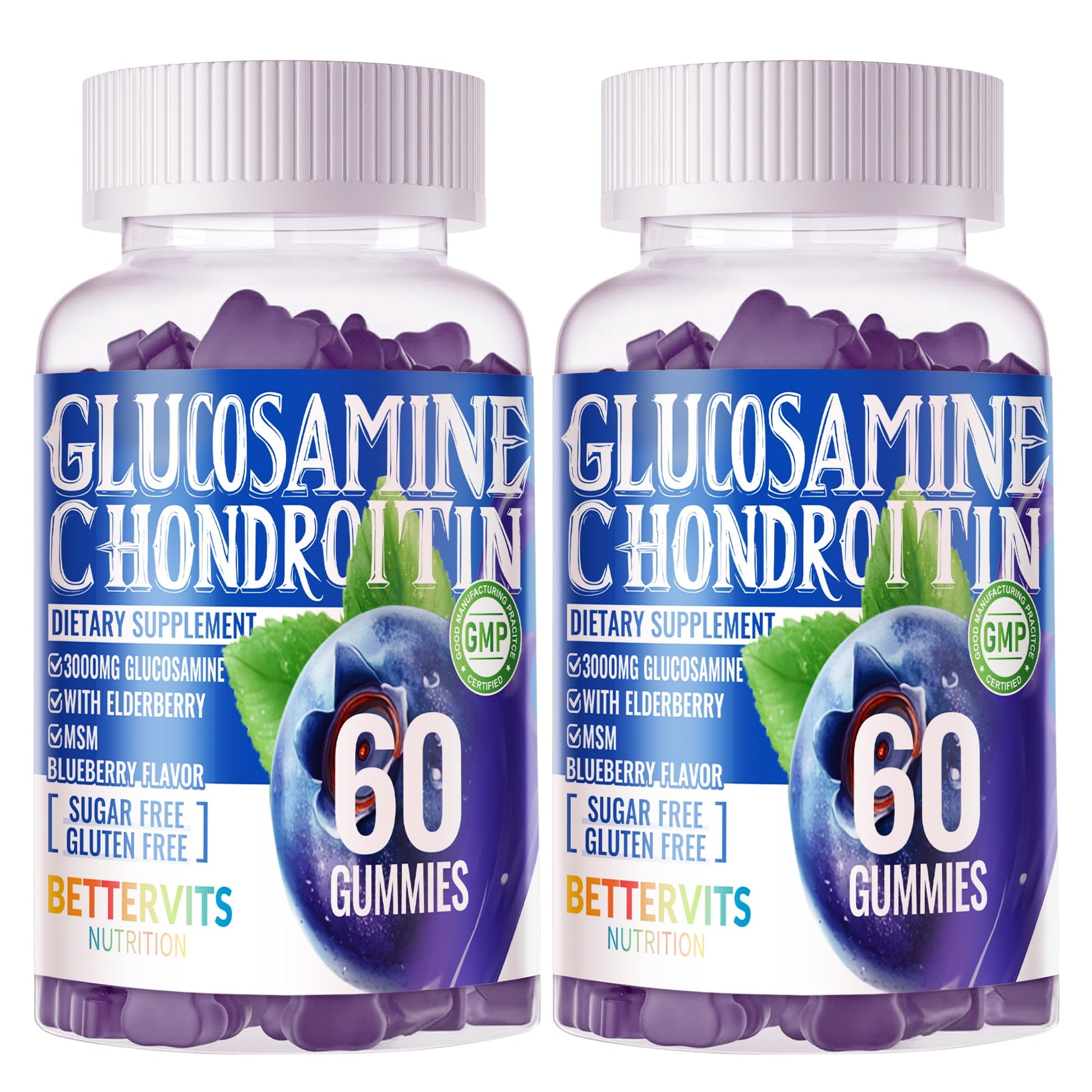 Bettervits Nutrition Glucosamine Chondroitin Gummies with MSM & Elderberry Extra Strength - Joint Support, Antioxidant Immune Support Supplement for Adults, Men & Women, 120 Gummies