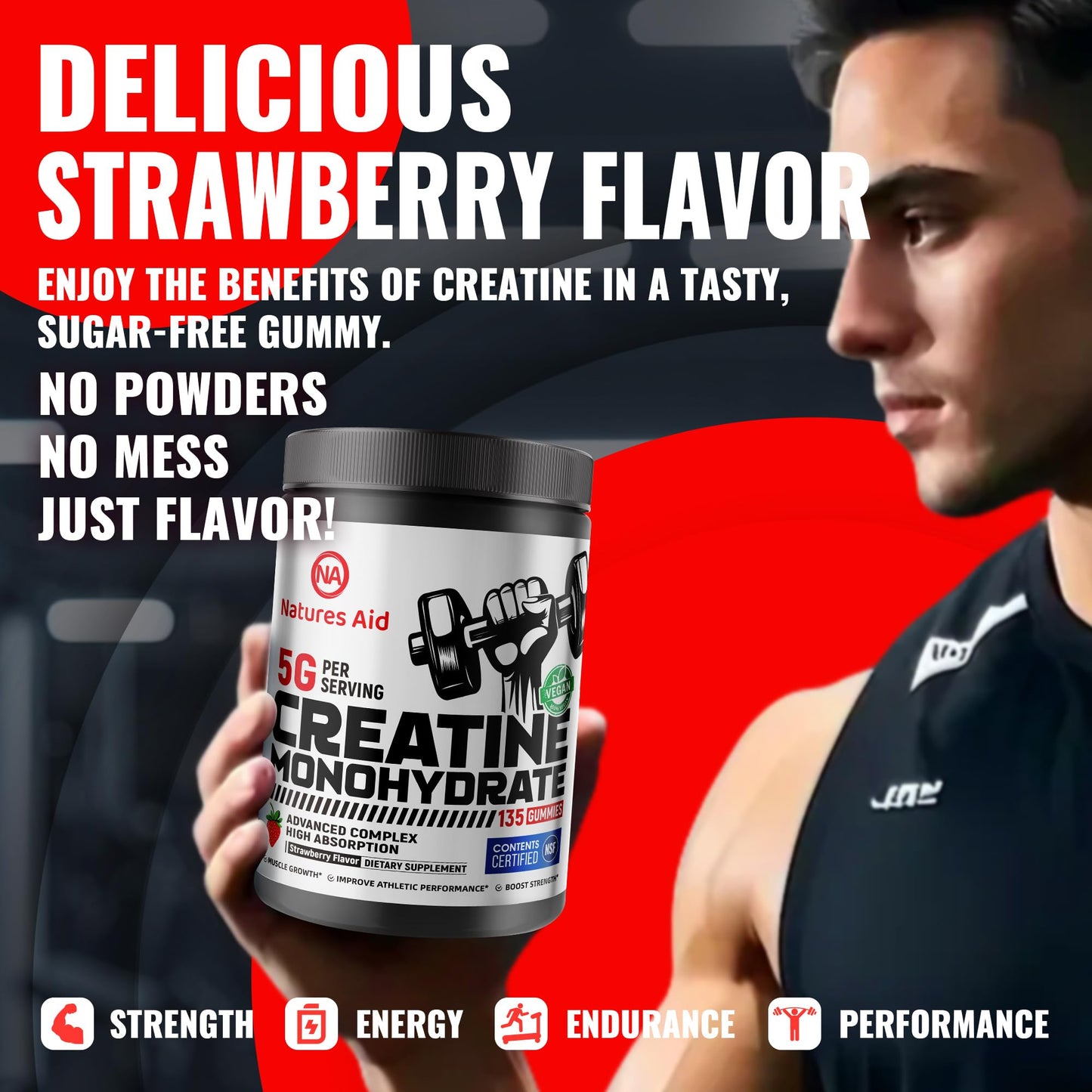 Natures Aid NSF Certified Creatine Monohydrate Gummies 135 Count