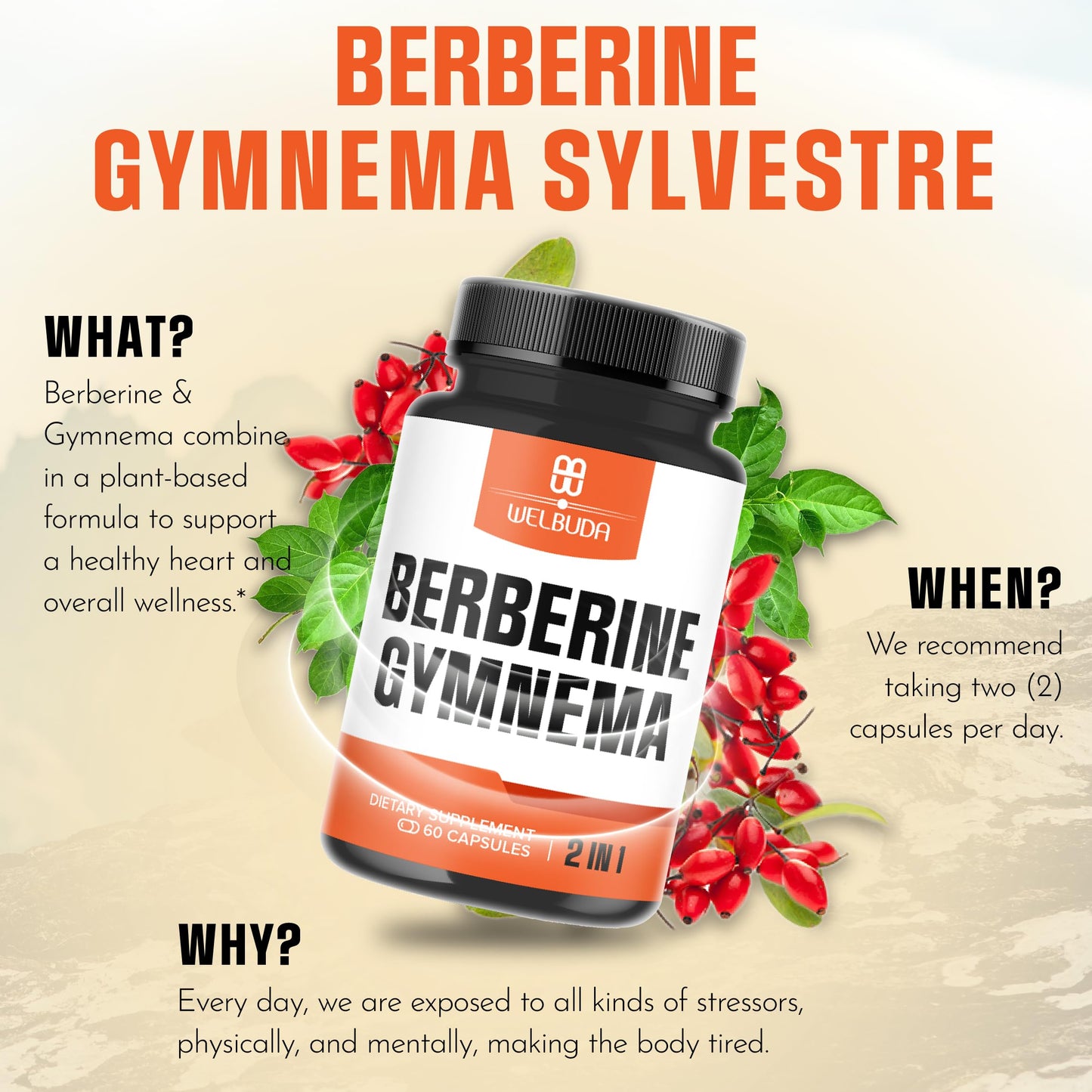 WELBUDA Berberine Supplement with Organic Gymnema Sylvestre Leaf Capsules 60 Count