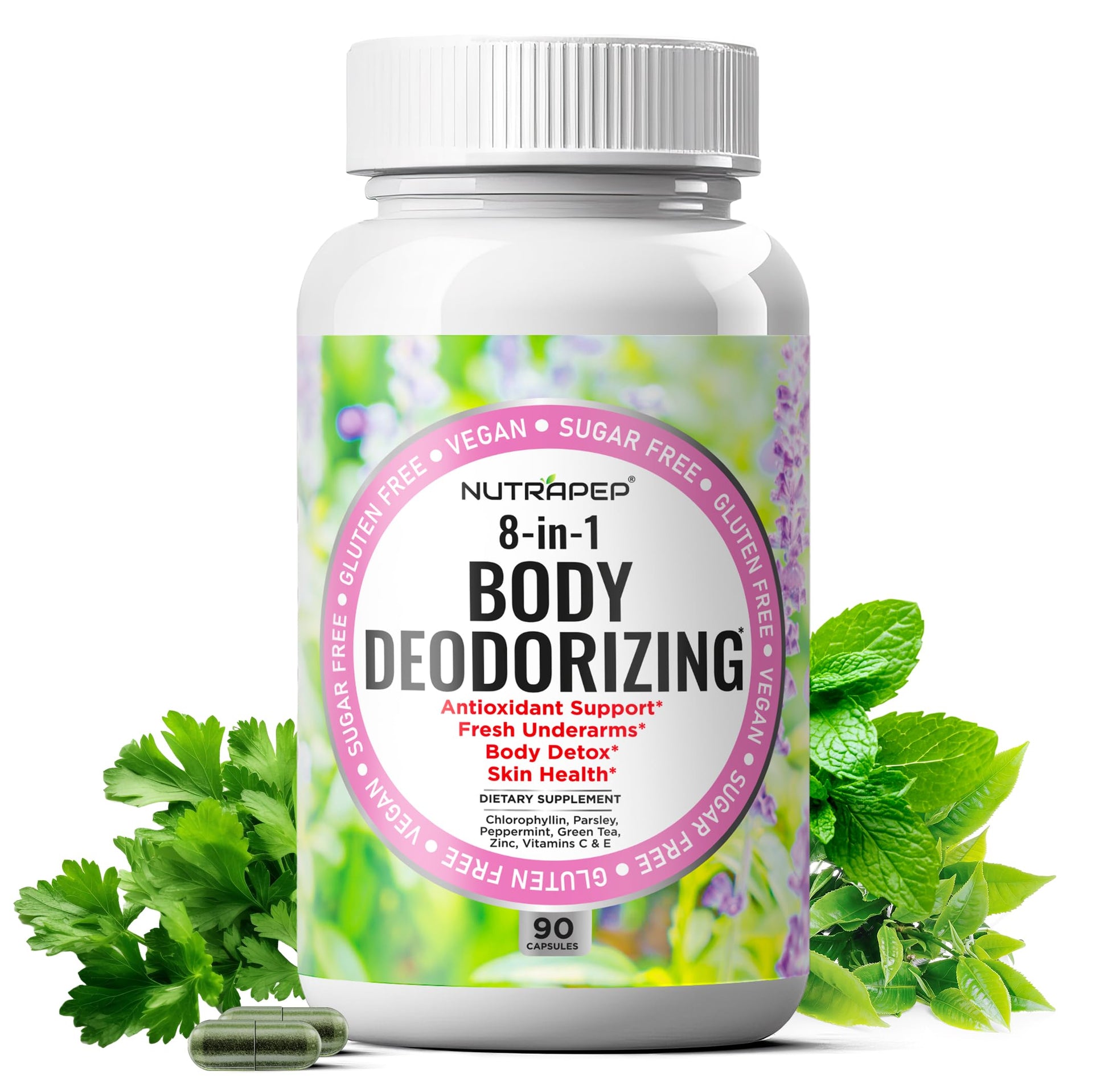NutraPep Body Deodorizing Supplement - Odor Eliminator & Internal Deodorant Pills for Fresh Breath, Skin Health & Detox - Full Body Deodorizer Capsules with Chlorophyll Complex Vitamins, 90 Count