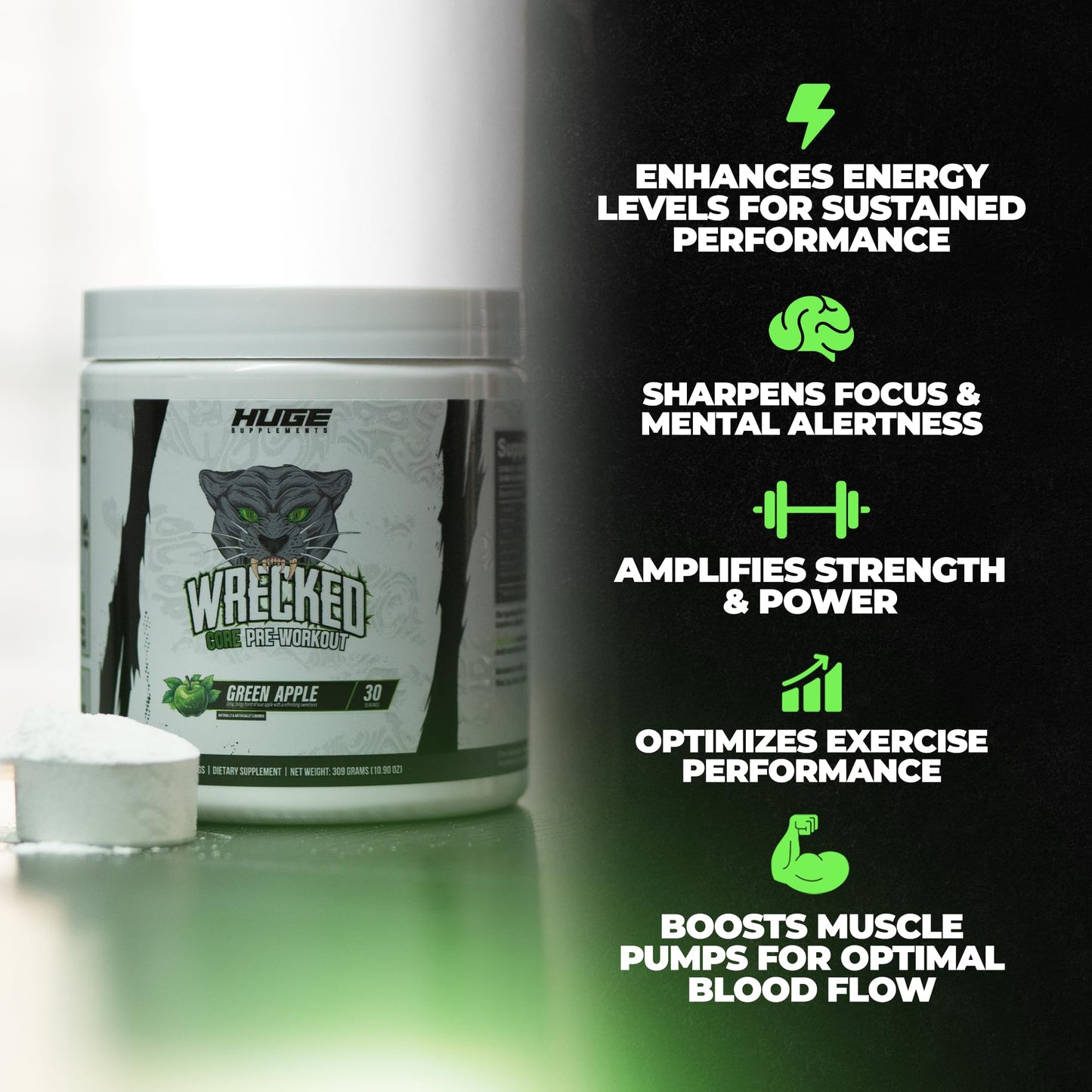 Huge Supplements Wrecked Core All-in-One Pre-Workout Supplement for Men & Women, Increase Energy, Focus & Pumps with L-Citrulline, Beta-Alanine, L-Tyrosine & More Green Apple Powder 30 Servings