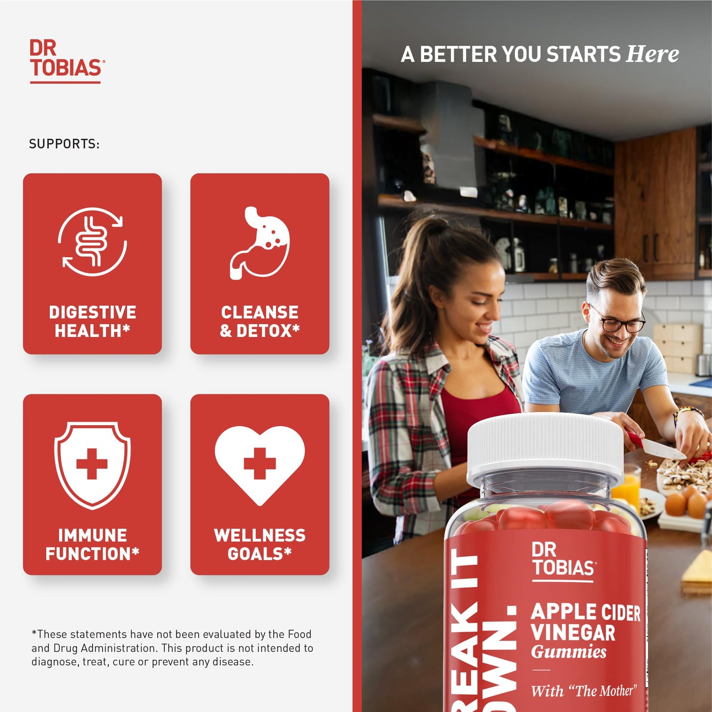Dr. Tobias Apple Cider Vinegar Gummies with The Mother - 500mg ACV Per Serving, Folate, B6, B12 & Iodine, Vegan, Digestive Health & Detox, 60 Gummies