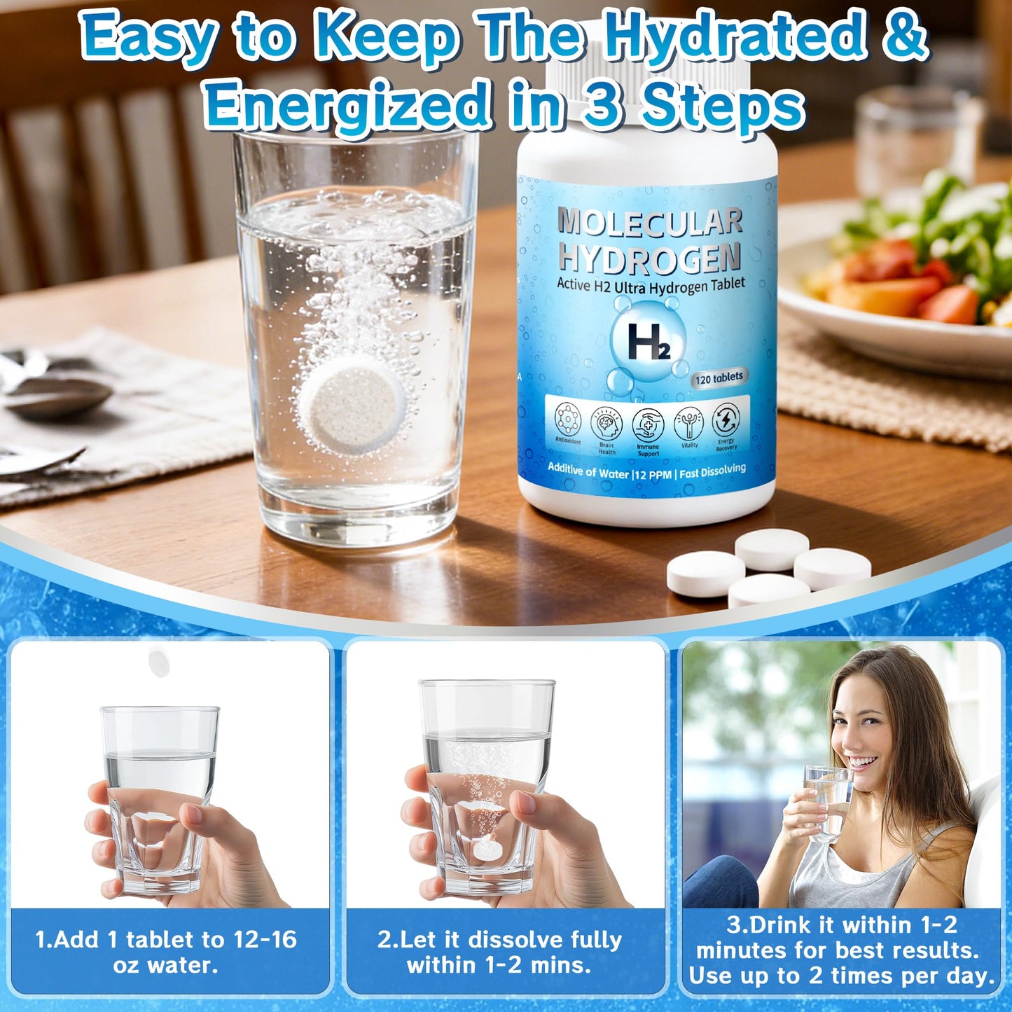 Crobirware Hydrogen Water Tablets with Magnesium - 12 PPM H2 Molecular Hydrogen, 120 Tablets