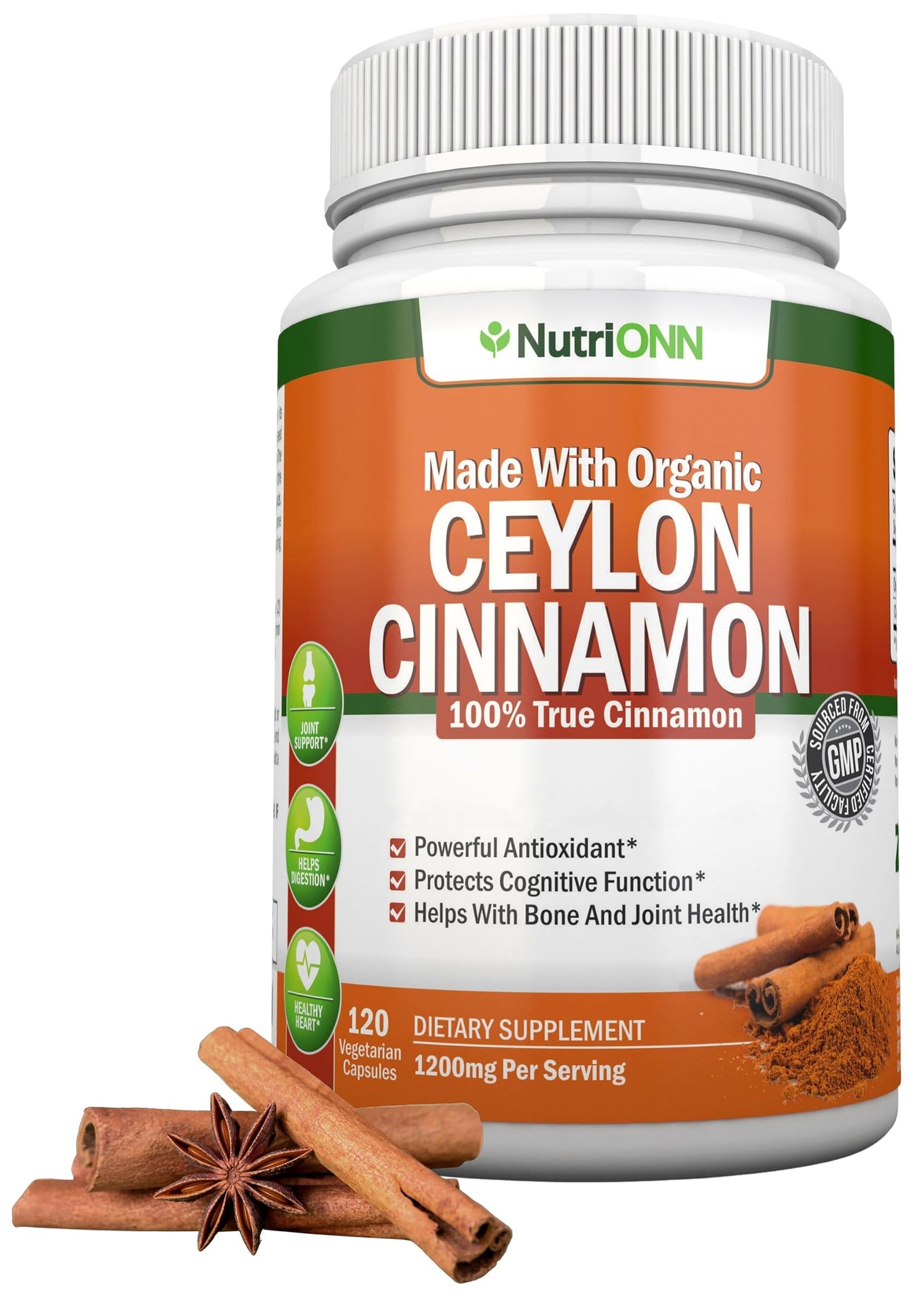NutriONN Organic Ceylon Cinnamon 1200 mg Capsules, 120 Count