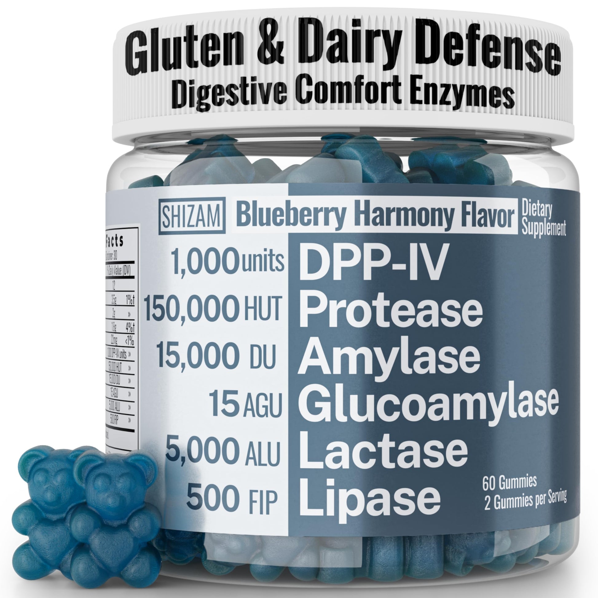 SHIZAM Gluten & Lactase Digestive Enzyme Gummies with DPP-IV, Lipase, Gluco-Amylase, Lactase for Kids, 60 Gummies