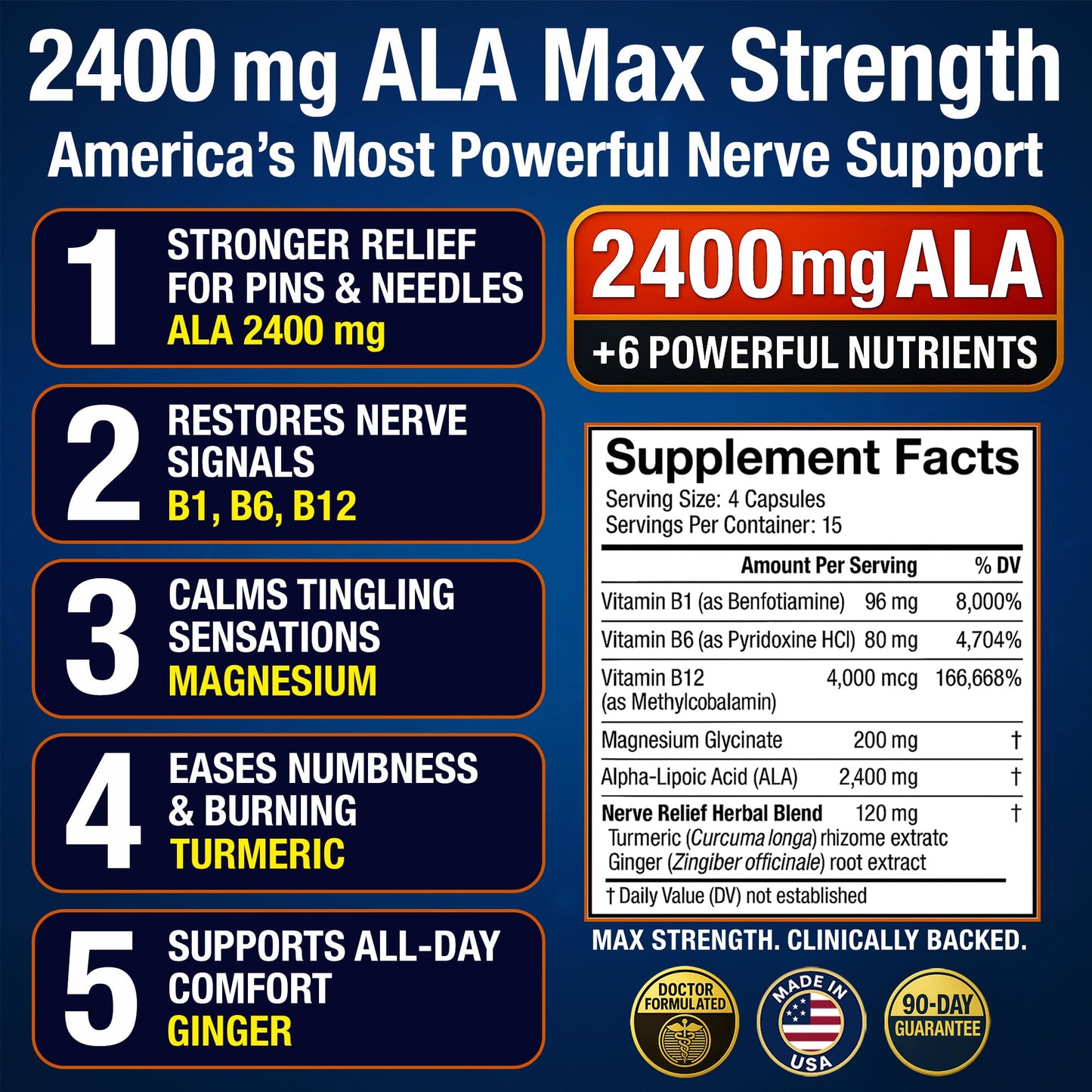Nerve Guard Nerve Relief with 2400 mg Alpha Lipoic Acid – 7 Powerful Nutrients to Support Feet Hands Toes – 2400mg ALA, Vitamins B12 B6 & B1, Magnesium, Turmeric – 60 Capsules