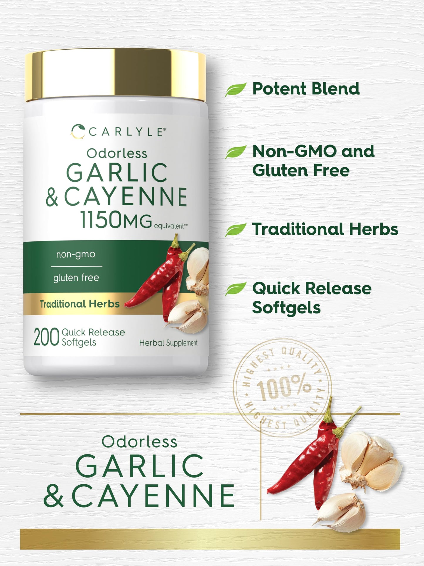 Carlyle Odorless Garlic and Cayenne Supplement Softgels 200